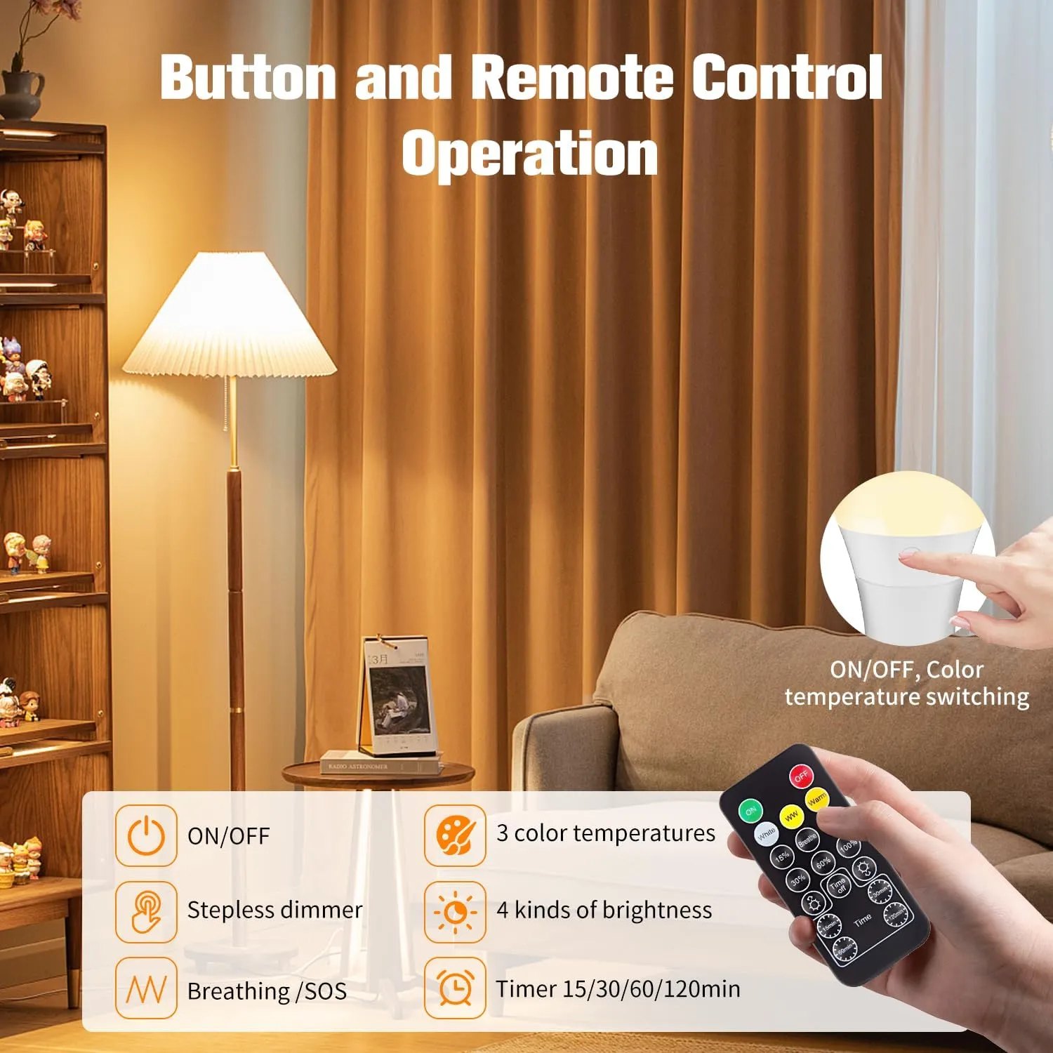 SCOPOW Magnetic and USB Charging 2IN1 Rechargeable Light Bulb with Remote Control Timer and 3 Color Temperature Battery Operated Light Bulb (2, E26)
