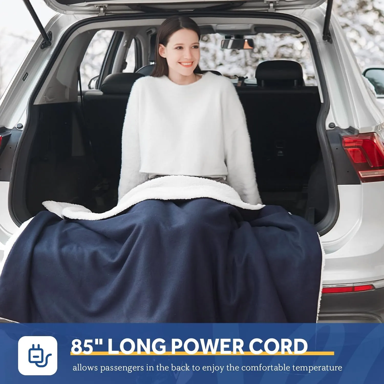 Sealy 12-Volt Heated Car Blanket with 2 USB Output Ports, 3 Heating Levels & 4 Hours Auto Off, Electric Blanket for Car, Truck, SUV, RV or Camping, Machine Washable, 59" X 43", Navy