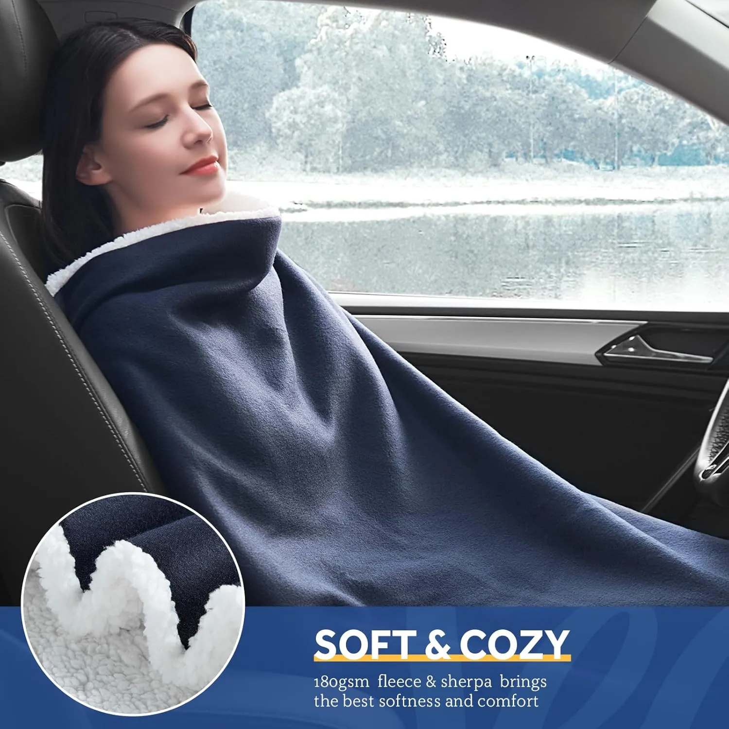 Sealy 12-Volt Heated Car Blanket with 2 USB Output Ports, 3 Heating Levels & 4 Hours Auto Off, Electric Blanket for Car, Truck, SUV, RV or Camping, Machine Washable, 59" X 43", Navy