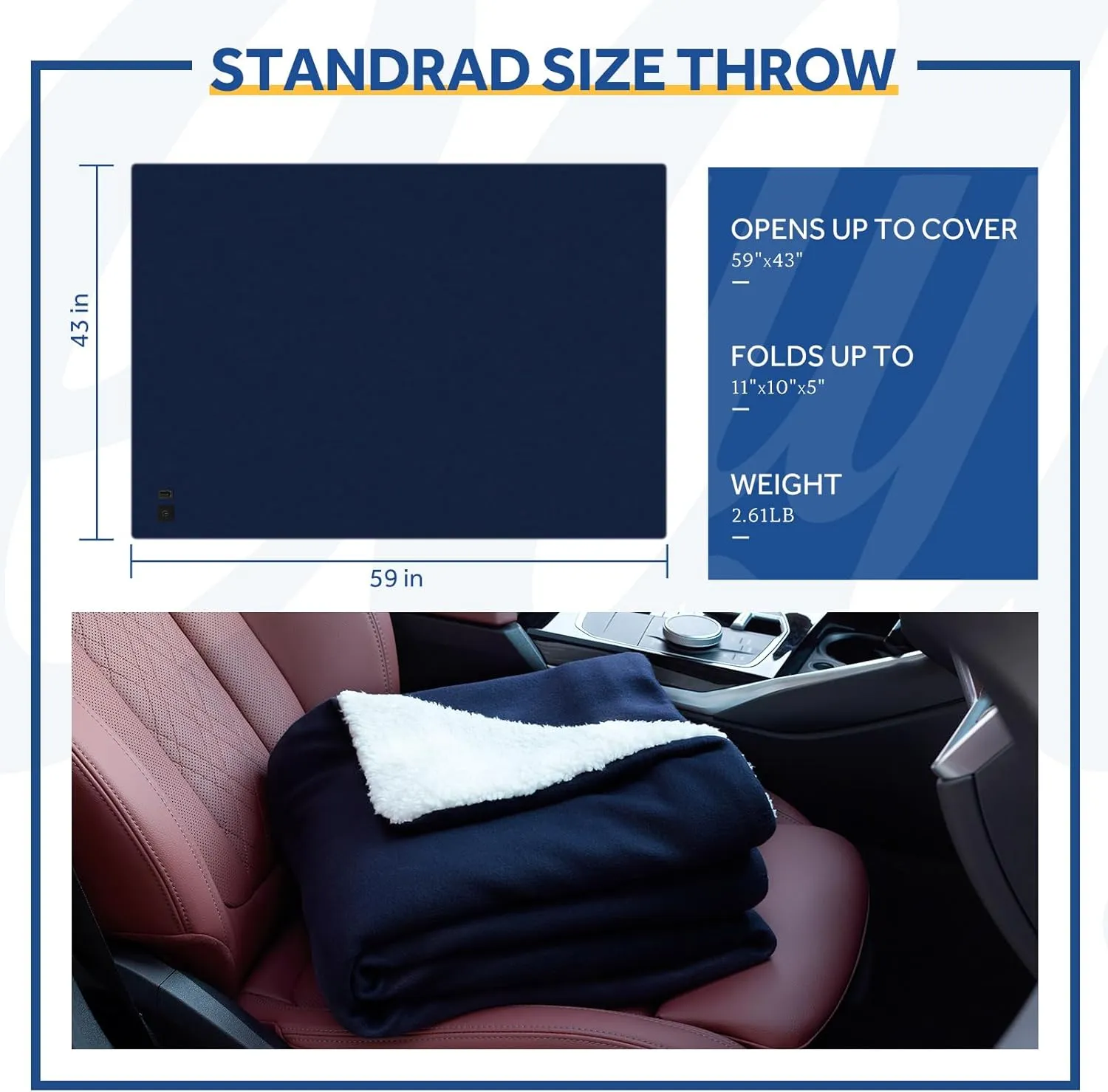 Sealy 12-Volt Heated Car Blanket with 2 USB Output Ports, 3 Heating Levels & 4 Hours Auto Off, Electric Blanket for Car, Truck, SUV, RV or Camping, Machine Washable, 59" X 43", Navy
