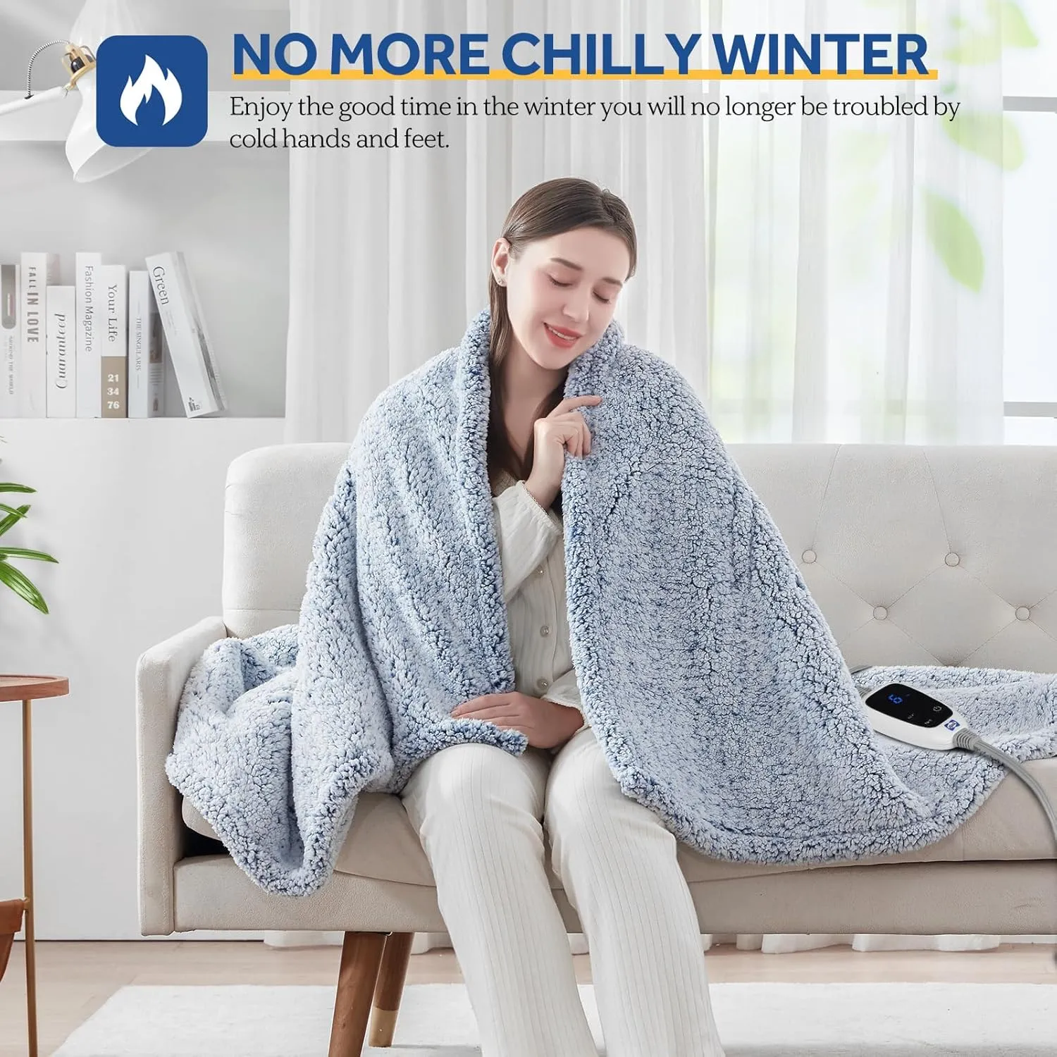 Sealy Electric Blanket Heated Throw 50"x60" Soft Double Sherpa Super Cozy with 6 Fast Heating Levels & 2-10 Hours Auto-Off, Over-Heat Protection, Machine Washable, Blue