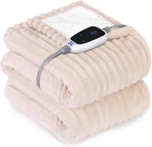 Sealy Electric Blanket Heated Throw, Soft Cozy Ribbed Flannel to Sherpa Reversible Safe Heating with 6 Heat Settings & 2-10 Hours Auto-Off Over-Heat Protection, Machine Washable, 50"x60" Beige