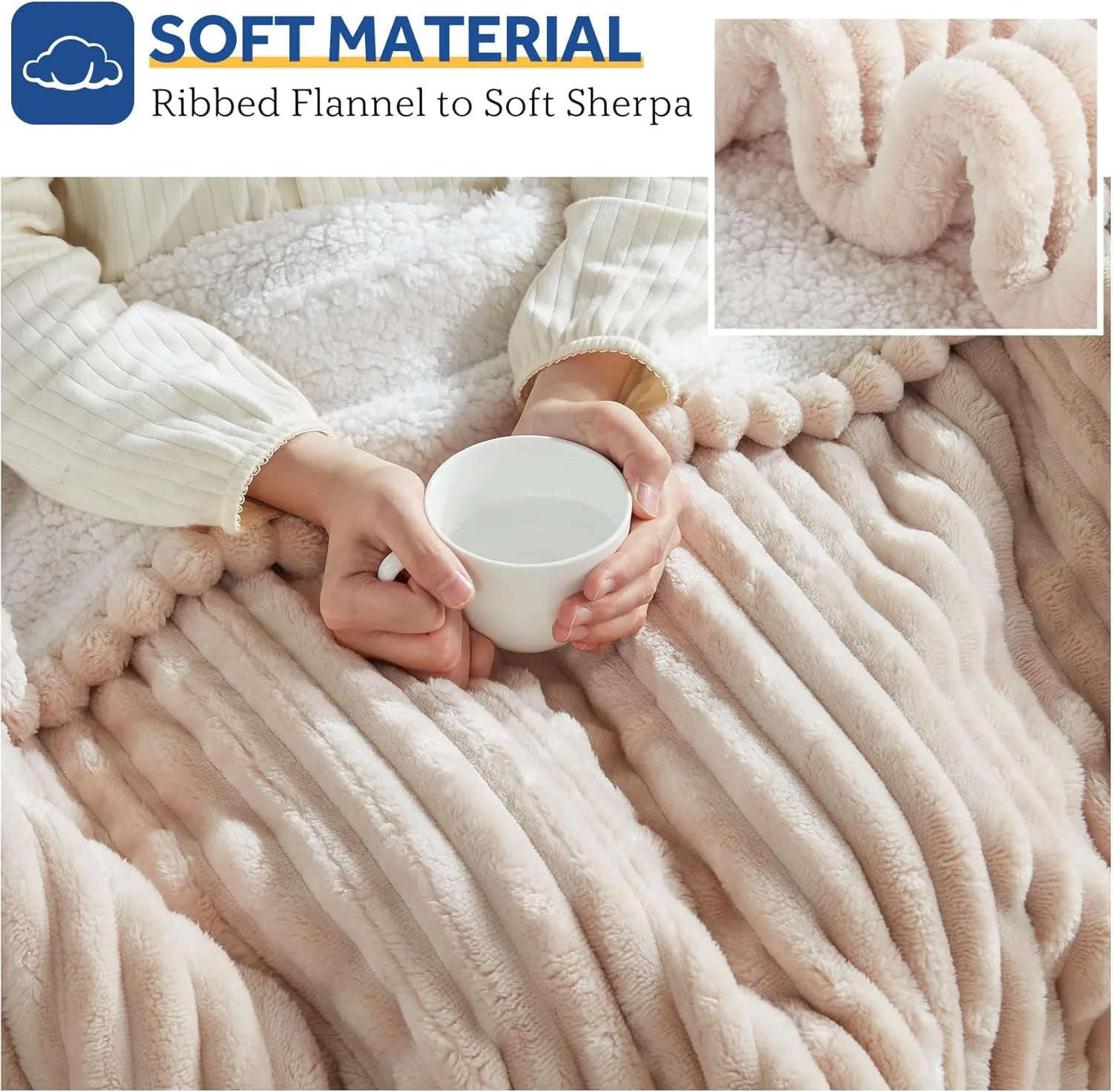 Sealy Electric Blanket Heated Throw, Soft Cozy Ribbed Flannel to Sherpa Reversible Safe Heating with 6 Heat Settings & 2-10 Hours Auto-Off Over-Heat Protection, Machine Washable, 50"x60" Beige