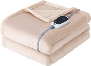 Sealy Electric Blanket Heated Throw, Soft Flannel Heating Blanket with 6 Heat Settings & 2-10 Hours Auto Shut Off, Fast Heating & Machine Washable, 50x60 Inch, Beige