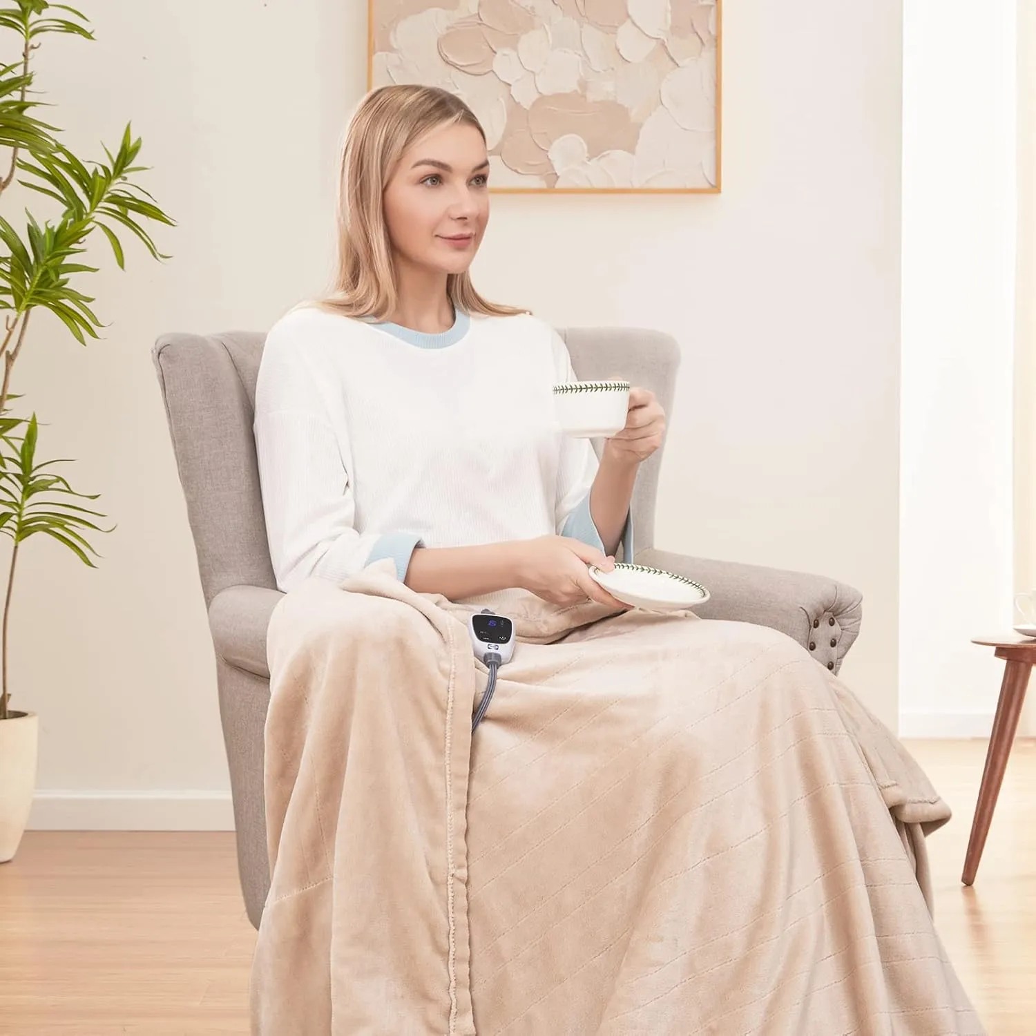 Sealy Electric Blanket Heated Throw, Soft Flannel Heating Blanket with 6 Heat Settings & 2-10 Hours Auto Shut Off, Fast Heating & Machine Washable, 50x60 Inch, Beige