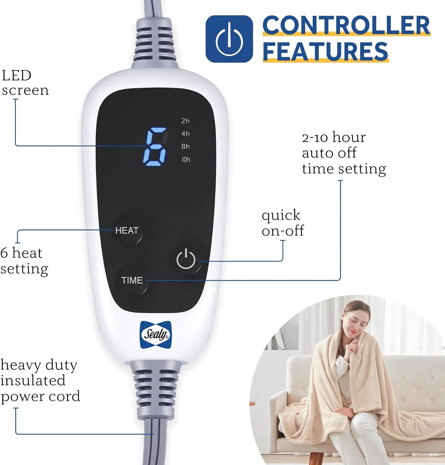 Sealy Electric Blanket Heated Throw, Soft Flannel Heating Blanket with 6 Heat Settings & 2-10 Hours Auto Shut Off, Fast Heating & Machine Washable, 50x60 Inch, Beige