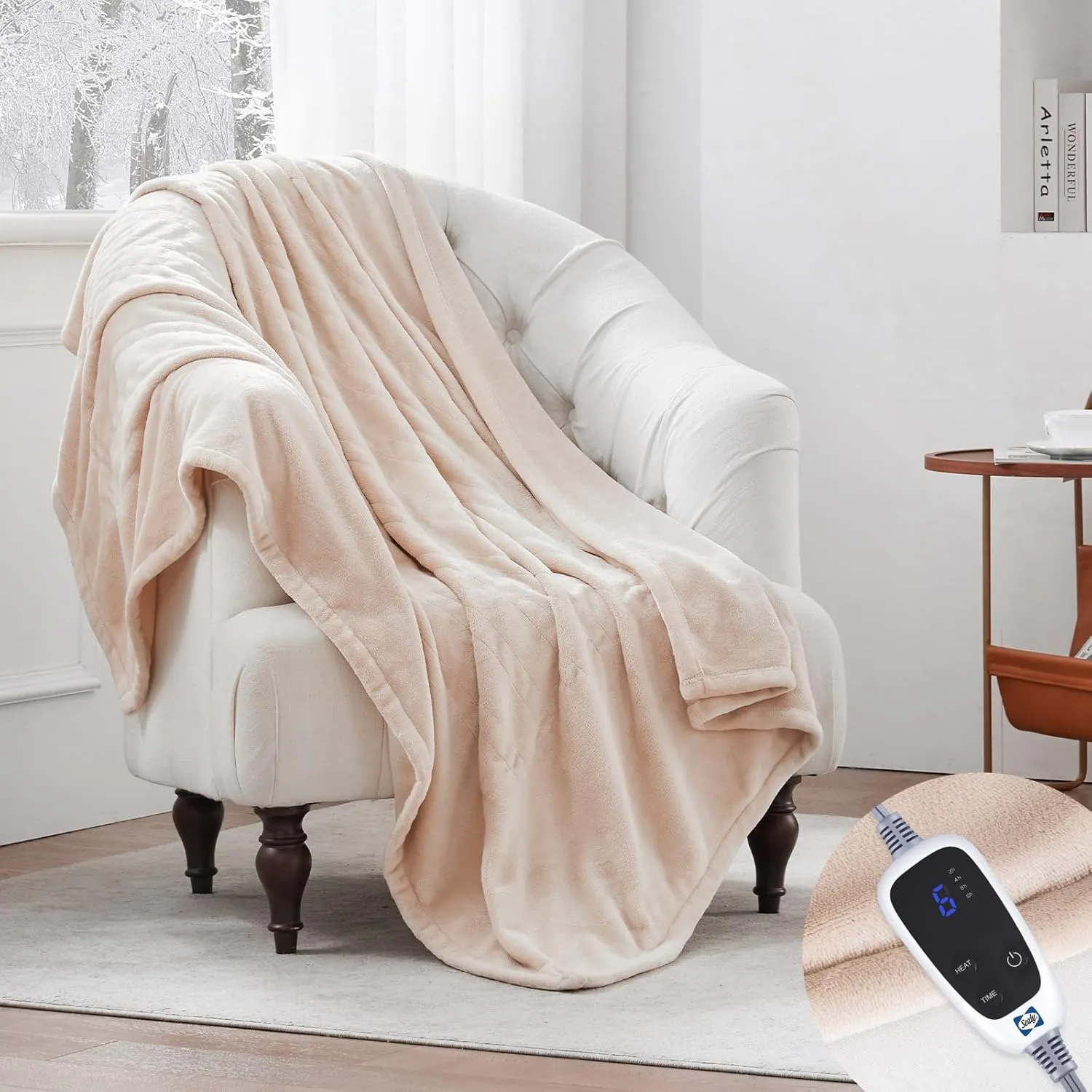 Sealy Electric Blanket Heated Throw, Soft Flannel Heating Blanket with 6 Heat Settings & 2-10 Hours Auto Shut Off, Fast Heating & Machine Washable, 50x60 Inch, Beige