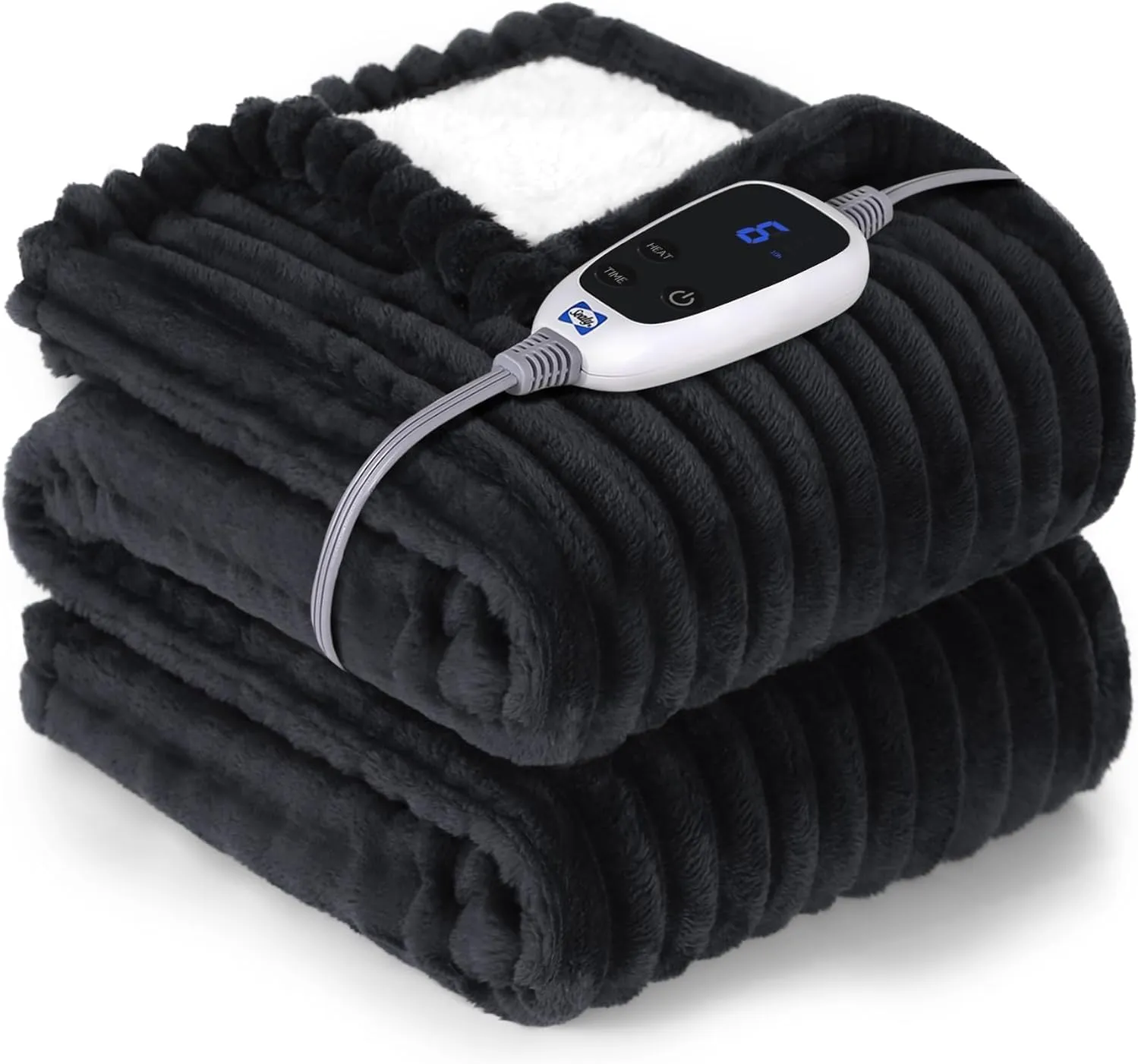 Sealy Electric Blanket Heated Throw, Soft Flannel to Sherpa Reversible Safe Heating with 6 Heat Settings & 2-10 Hours Auto Shut - Off Overheat Protection, Machine Washable, 50" x 60" Charcoal