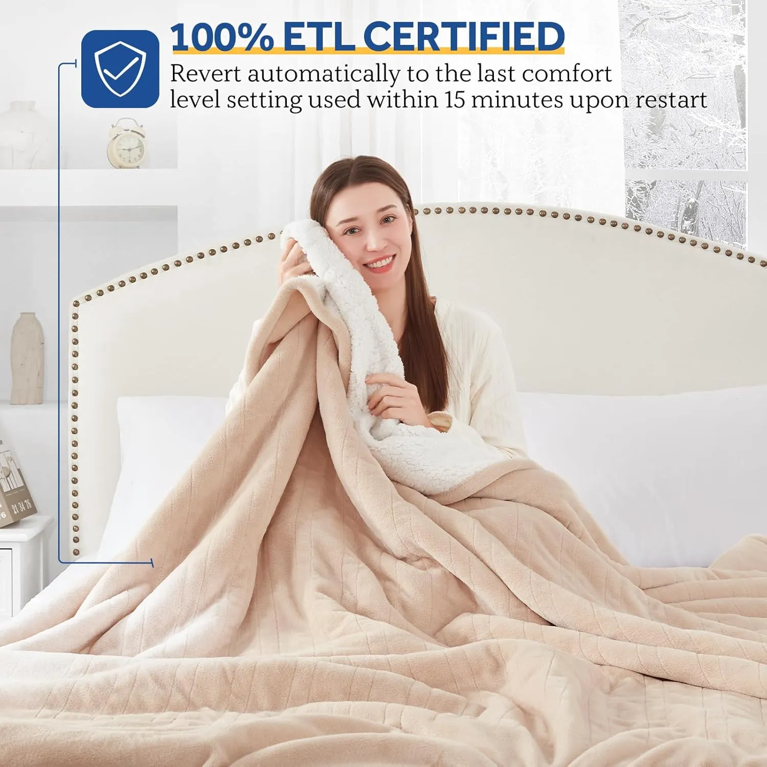 Sealy Electric Blanket King Size, Flannel & Sherpa Heated Blanket with 10 Heating Levels & 1-12 Hours Auto Shut Off, Fast Heating Warming Blanket, Machine Washable, Beige, 100 x 90 Inch