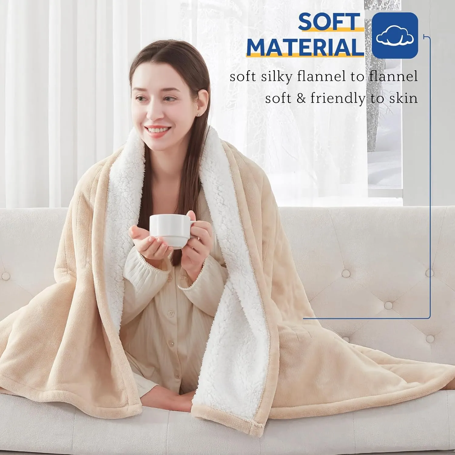 Sealy Electric Blanket King Size, Flannel & Sherpa Heated Blanket with 10 Heating Levels & 1-12 Hours Auto Shut Off, Fast Heating Warming Blanket, Machine Washable, Beige, 100 x 90 Inch