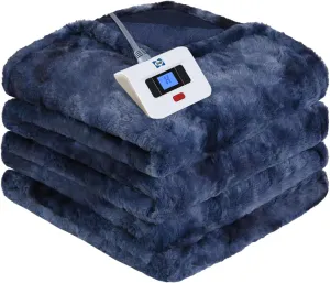 Sealy Electric Blanket Twin Size, Faux Fur & Flannel Heated Blanket with 10 Heating Levels & 1-12 Hours Auto Off, Fast Heating Blanket, Machine Washable, Navy Blue, 62x 84 Inch