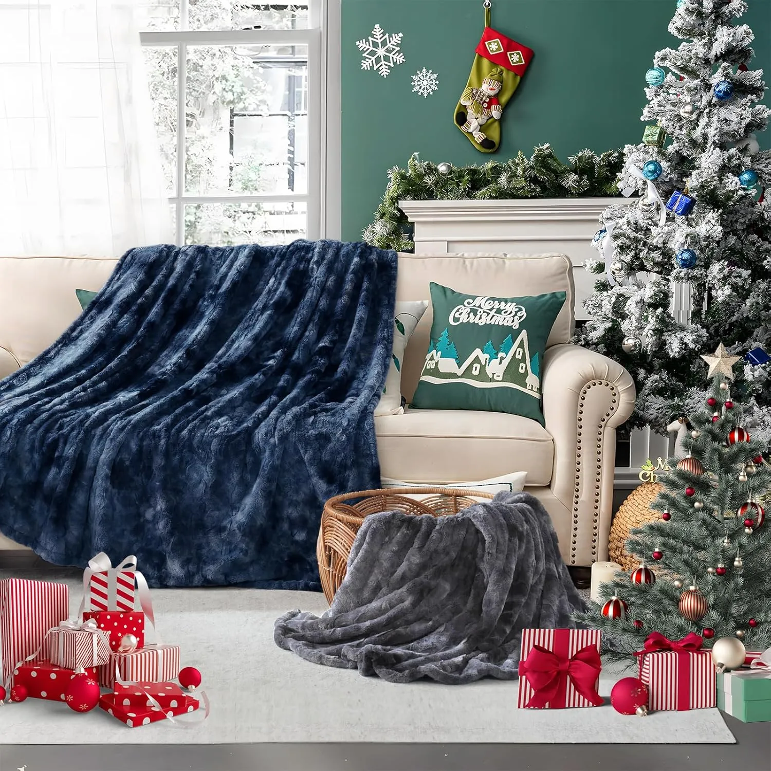 Sealy Electric Blanket Twin Size, Faux Fur & Flannel Heated Blanket with 10 Heating Levels & 1-12 Hours Auto Off, Fast Heating Blanket, Machine Washable, Navy Blue, 62x 84 Inch