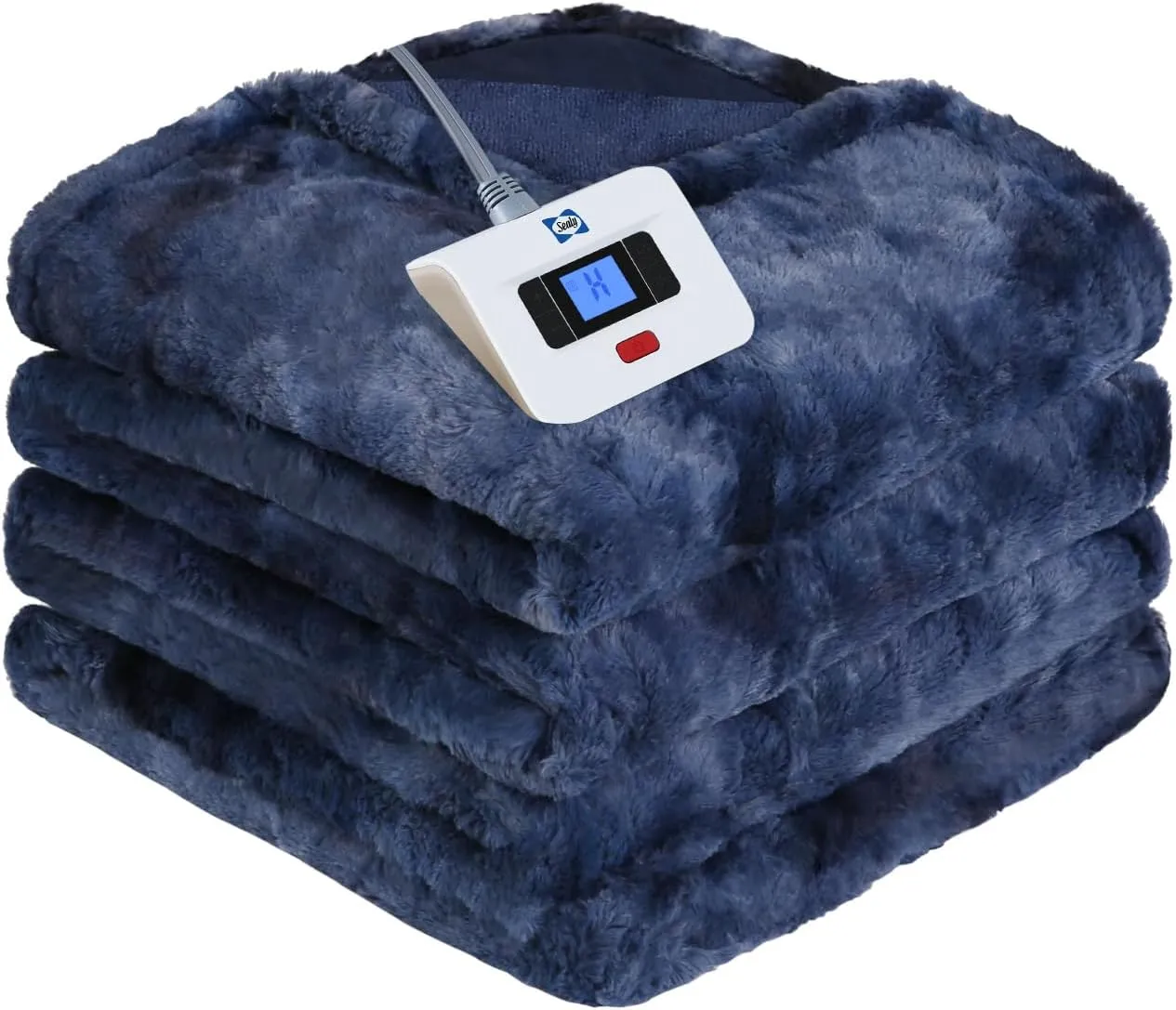 Sealy Electric Blanket Twin Size, Faux Fur & Flannel Heated Blanket with 10 Heating Levels & 1-12 Hours Auto Off, Fast Heating Blanket, Machine Washable, Navy Blue, 62x 84 Inch