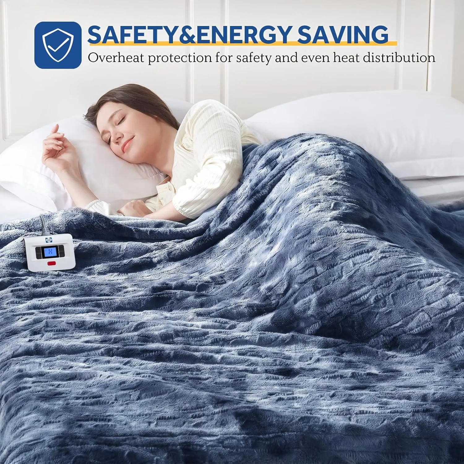 Sealy Electric Blanket Twin Size, Faux Fur & Flannel Heated Blanket with 10 Heating Levels & 1-12 Hours Auto Off, Fast Heating Blanket, Machine Washable, Navy Blue, 62x 84 Inch