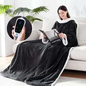 Sealy Electric Blanket Wearable with Foot Pocket, Electric Snuggle Blanket with Sleeves, Flannel & Sherpa Heating Throw with 6 Heat Settings & 2-10 Hours Auto Shut Off, 50 * 70" 18", Dark Grey