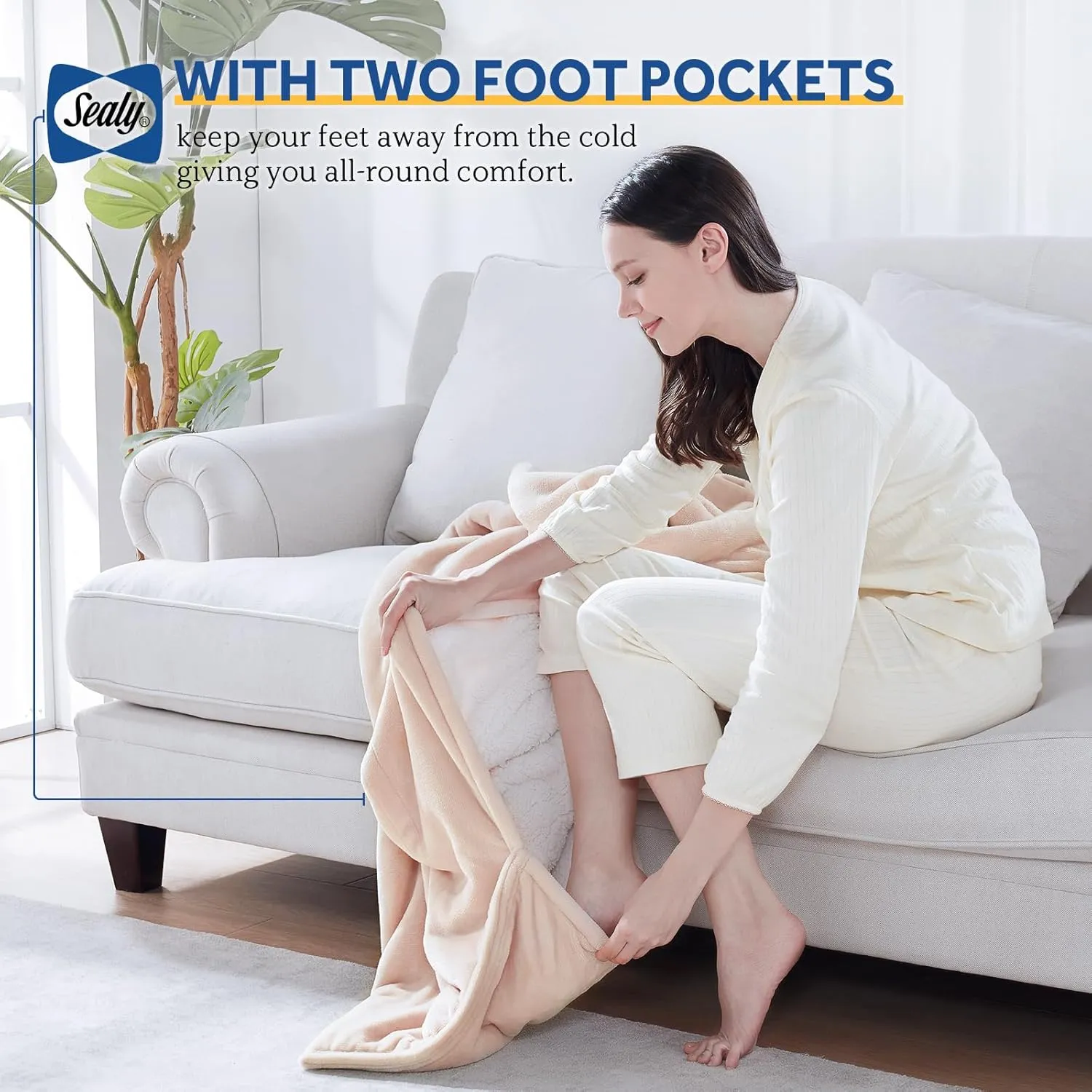 Sealy Electric Blanket with Foot Pocket for Adults, Flannel & Sherpa Heated Blanket Throw with 6 Heating Levels & 2-10 Hours Auto Shut Off, Fast Heating & Machine Washable, 50x62 Inch, Beige