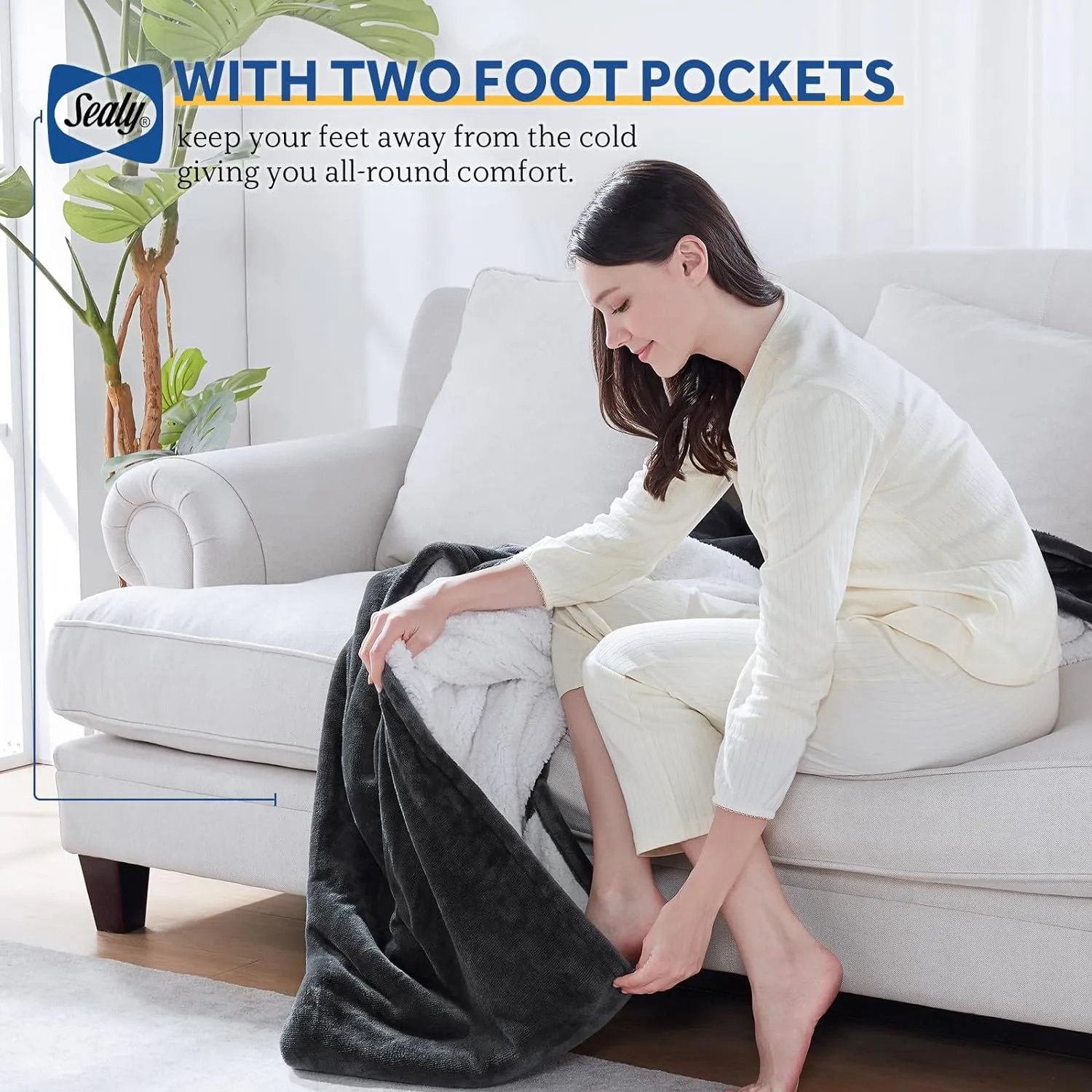Sealy Electric Blanket with Foot Pocket for Adults, Flannel & Sherpa Heated Blanket Throw with 6 Heating Levels & 2-10 Hours Auto Shut Off, Fast Heating & Machine Washable, 50x62 Inch, Dark Grey