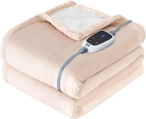 Sealy Heated Blanket Electric Throw, Flannel & Sherpa Heating Throw with 6 Heat Settings & 2-10 Hours Auto Shut Off, Fast Heating & ETL Certification, 50x60 Inch, Beige