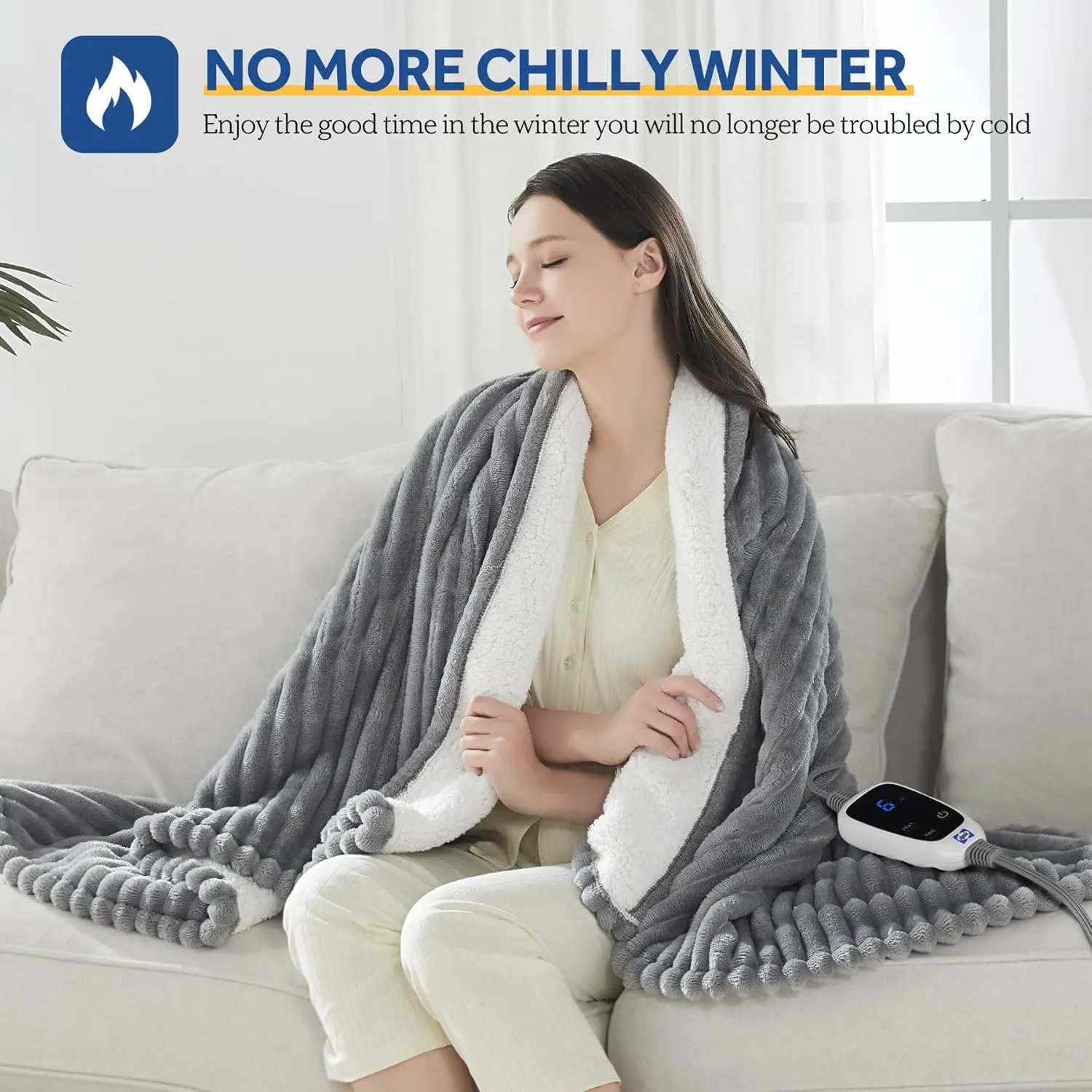 Sealy Heated Blanket Electric Throw, Ribbed Flannel to Sherpa,50"x60" Heating Blanket Throw, 6 Heat Levels & 2-10 Hours Auto-Off Over-Heat Protection, Machine Washable, Light Grey