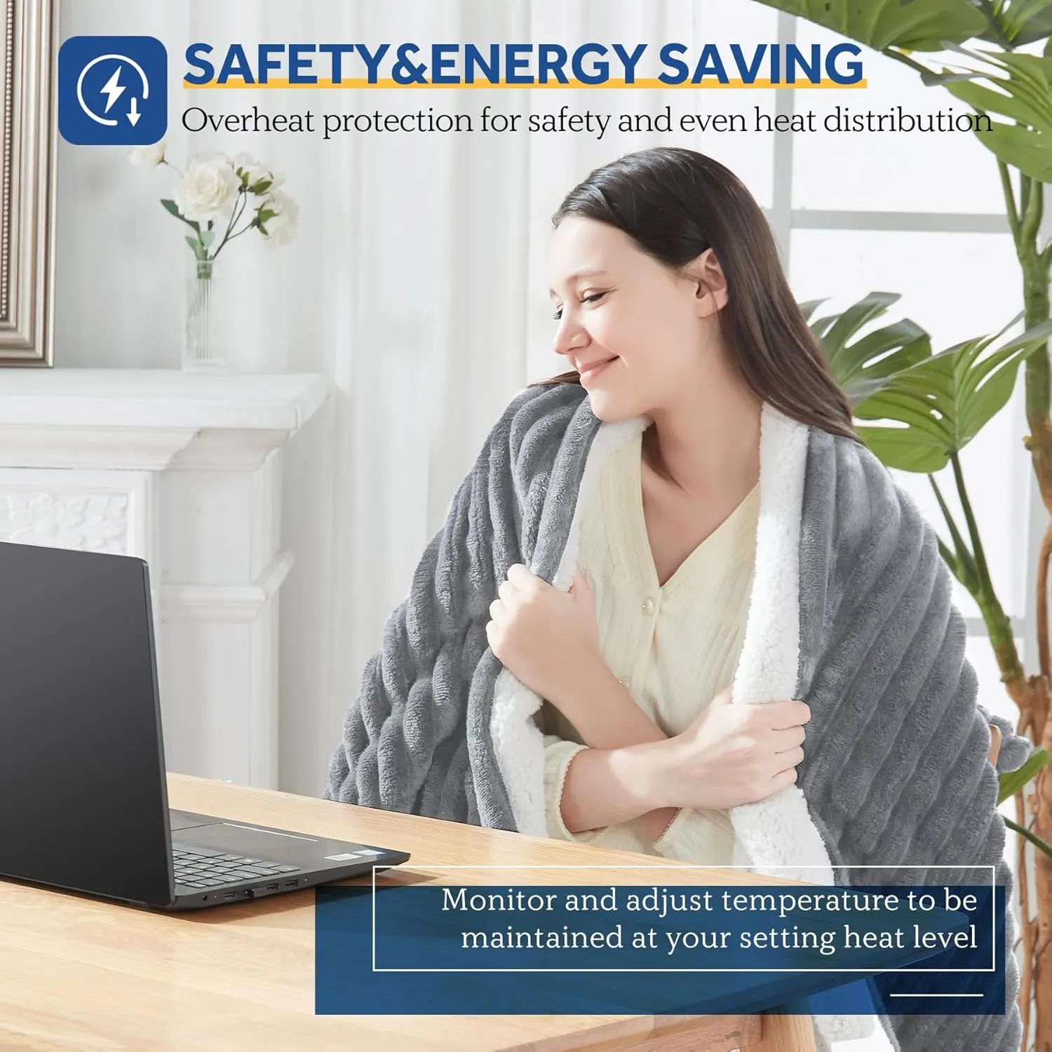 Sealy Heated Blanket Electric Throw, Ribbed Flannel to Sherpa,50"x60" Heating Blanket Throw, 6 Heat Levels & 2-10 Hours Auto-Off Over-Heat Protection, Machine Washable, Light Grey