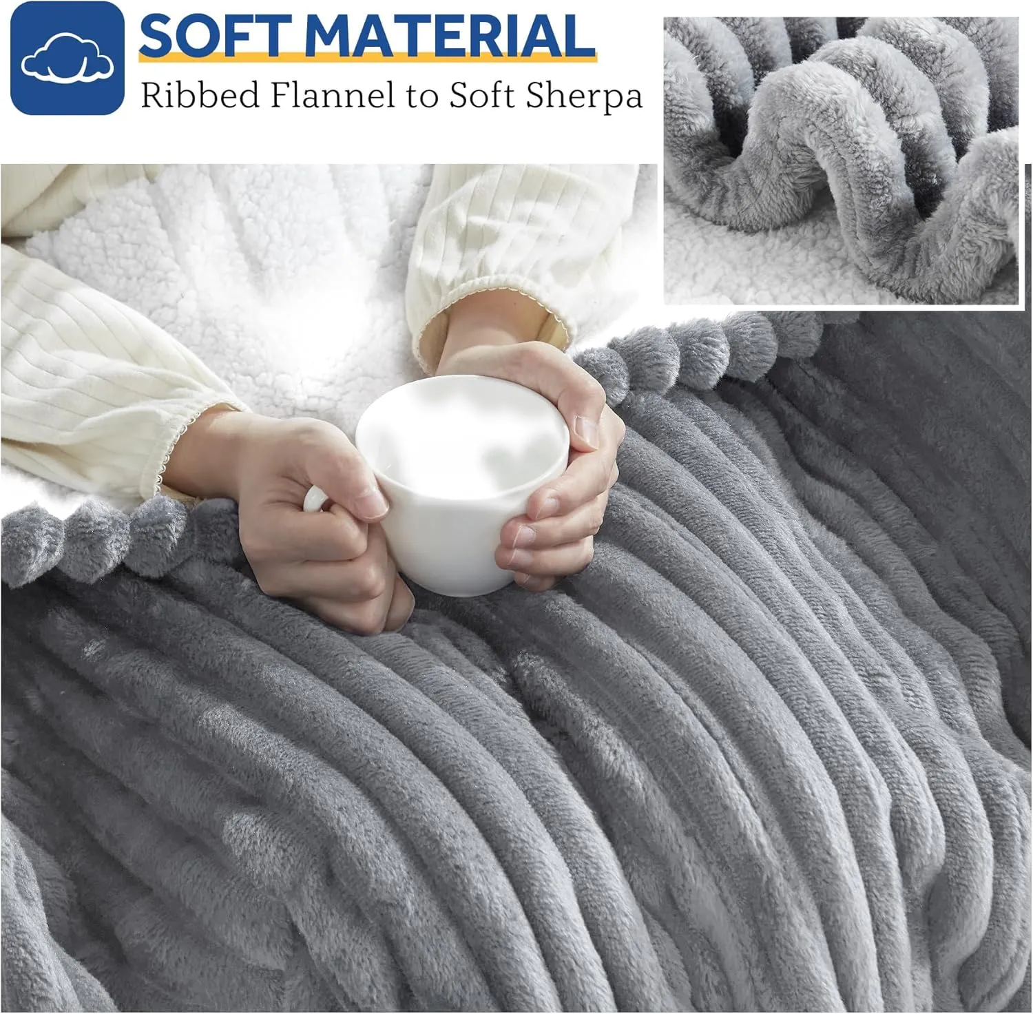 Sealy Heated Blanket Electric Throw, Ribbed Flannel to Sherpa,50"x60" Heating Blanket Throw, 6 Heat Levels & 2-10 Hours Auto-Off Over-Heat Protection, Machine Washable, Light Grey