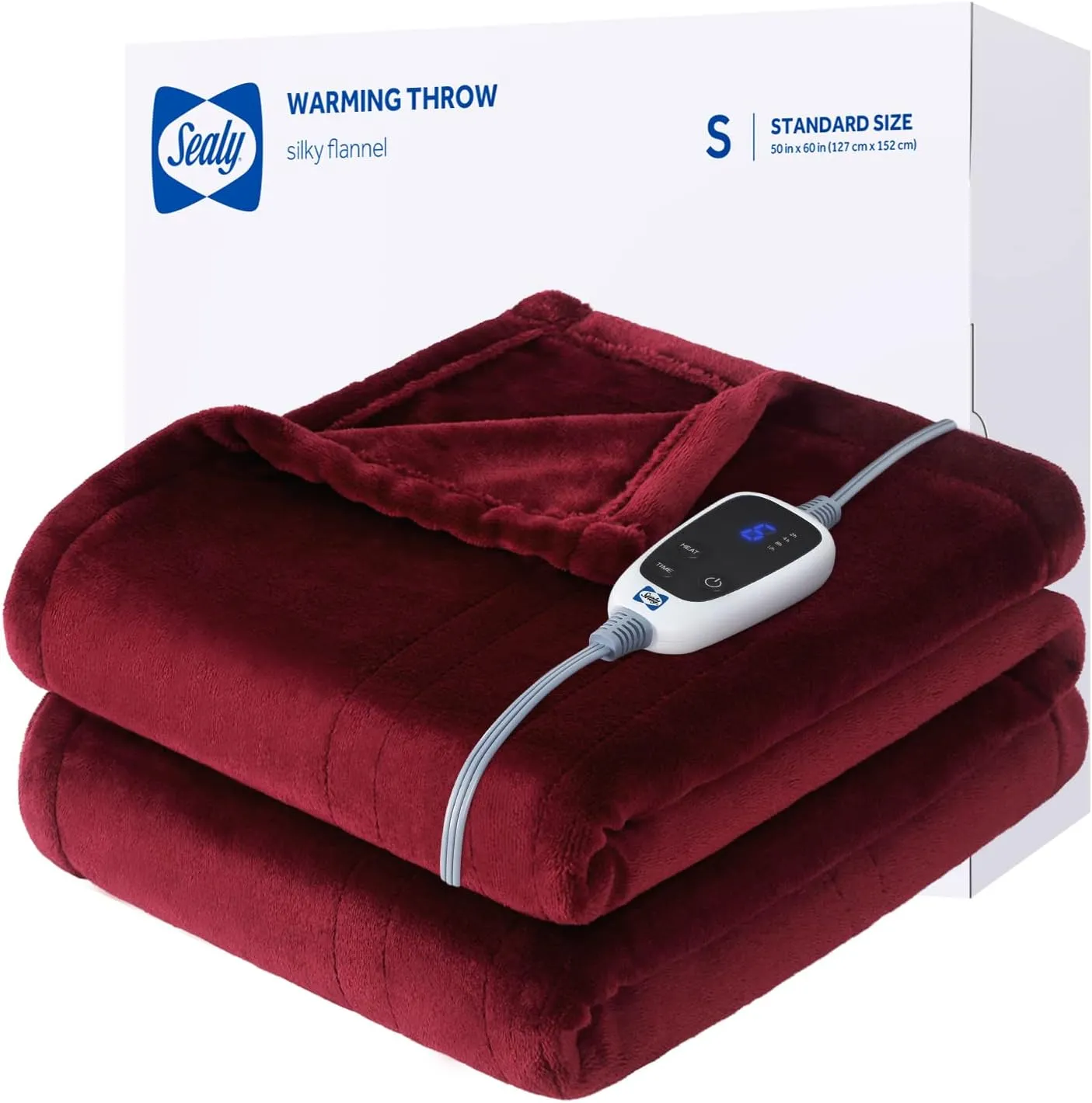 Sealy Heated Blanket Throw, Soft Flannel Electric Blanket with 6 Heat Settings & 2-10 Hour Auto Shut Off, Fast Heating with ETL Certificated Machine Washable, 50x60 Inch, Burgundy