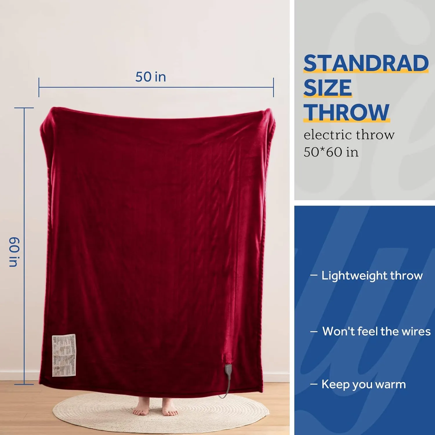 Sealy Heated Blanket Throw, Soft Flannel Electric Blanket with 6 Heat Settings & 2-10 Hour Auto Shut Off, Fast Heating with ETL Certificated Machine Washable, 50x60 Inch, Burgundy