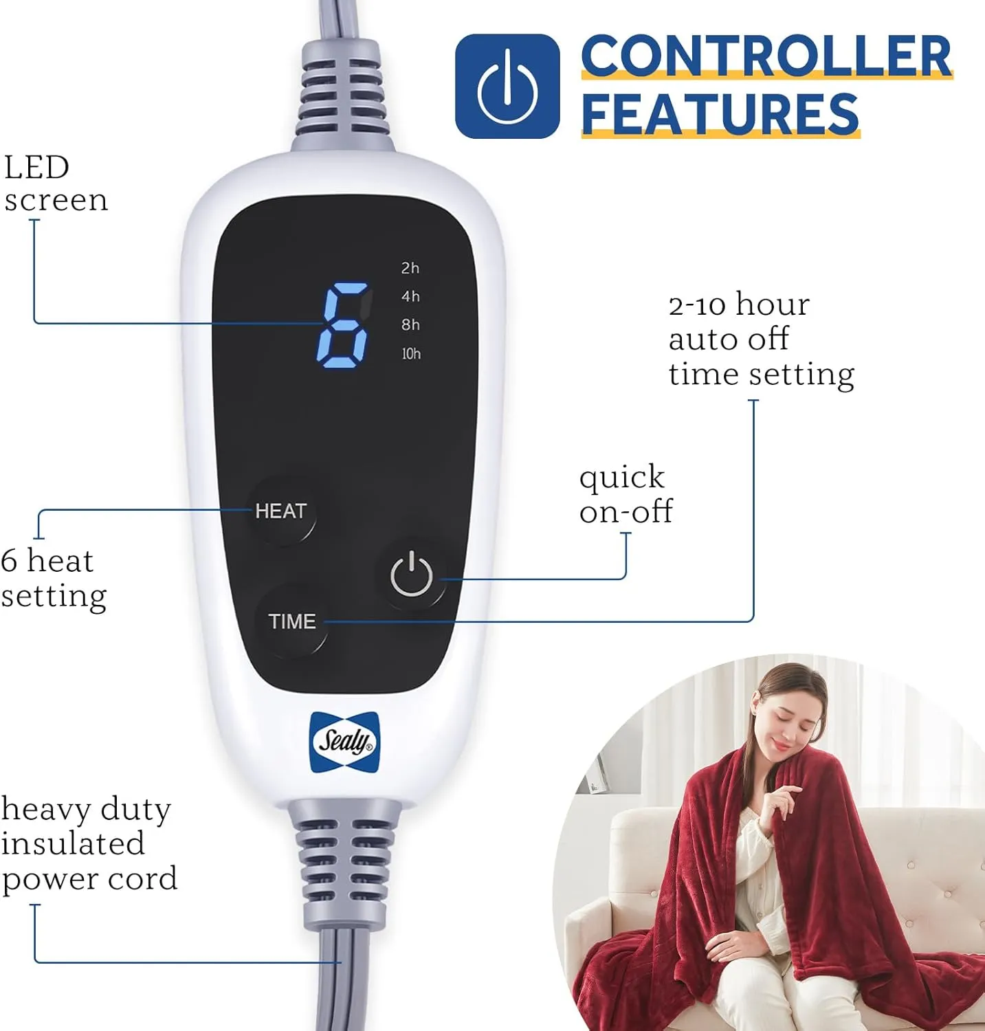 Sealy Heated Blanket Throw, Soft Flannel Electric Blanket with 6 Heat Settings & 2-10 Hour Auto Shut Off, Fast Heating with ETL Certificated Machine Washable, 50x60 Inch, Burgundy