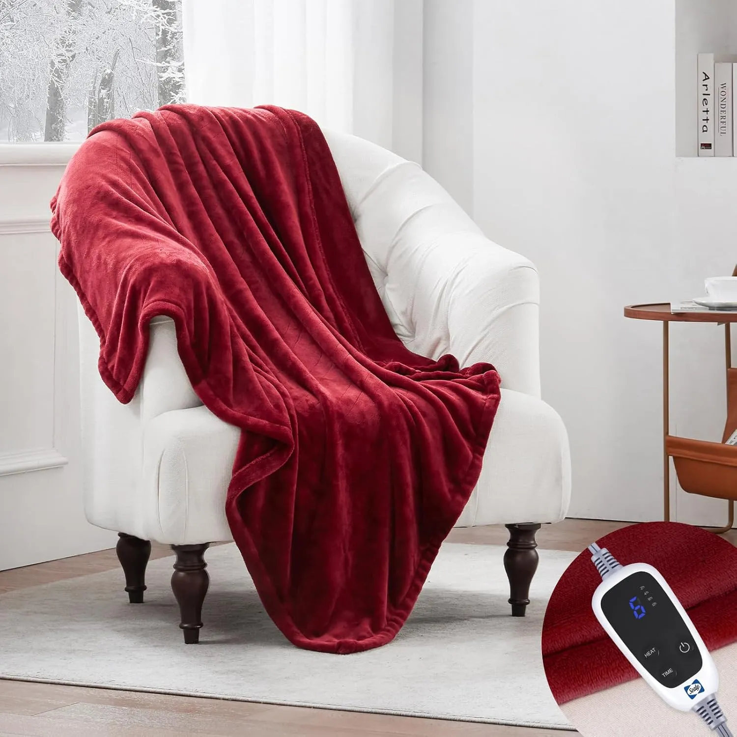 Sealy Heated Blanket Throw, Soft Flannel Electric Blanket with 6 Heat Settings & 2-10 Hour Auto Shut Off, Fast Heating with ETL Certificated Machine Washable, 50x60 Inch, Burgundy