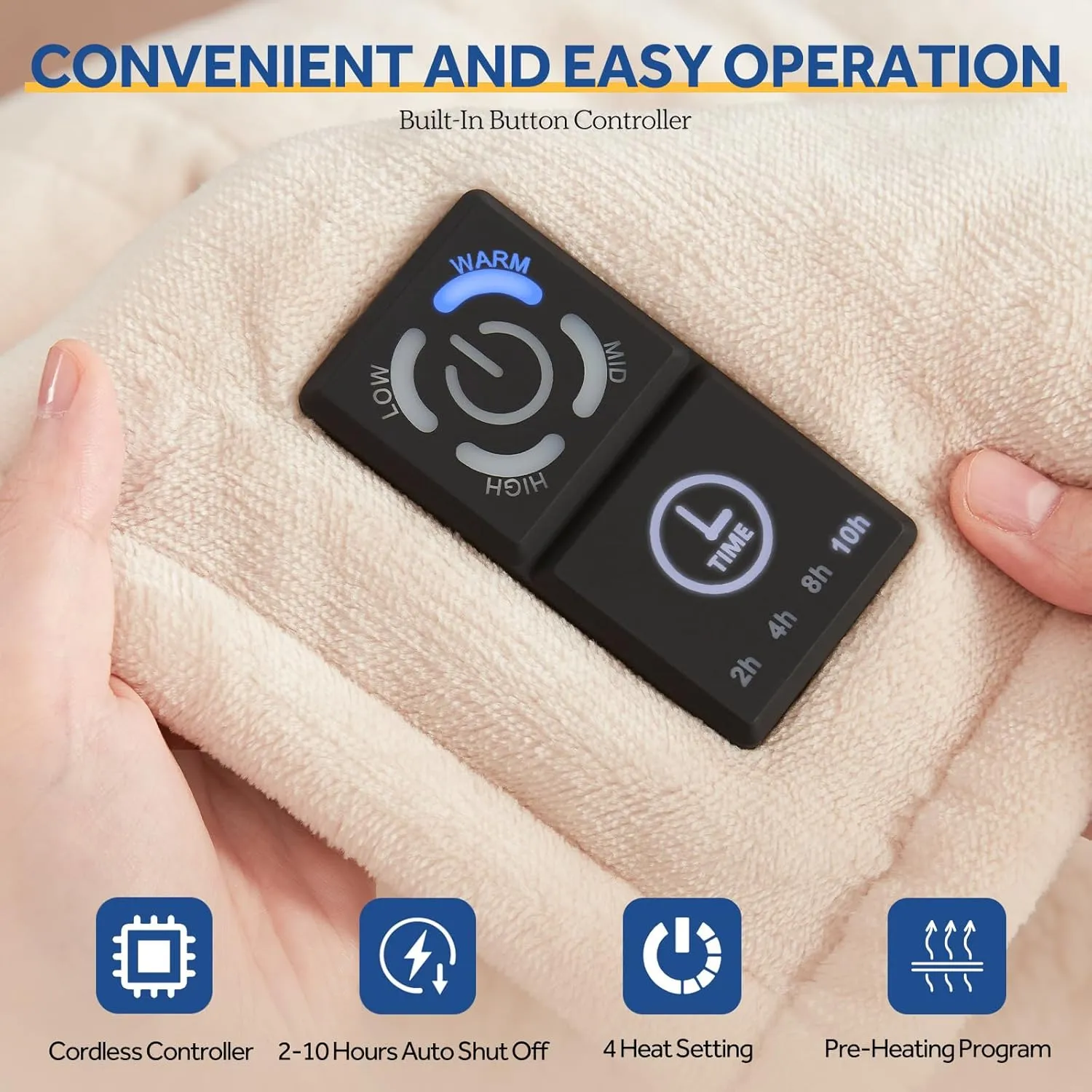 Sealy Heated Blanket Throw with Built-in Button Controller, Reversible Flannel to Sherpa Electric Blanket with 2-10 Hours Auto-Off & 4 Heating Levels, Over-Heat Protection, 50x60 inch, Beige