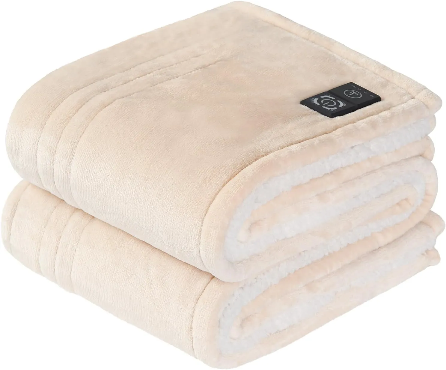 Sealy Heated Blanket Throw with Built-in Button Controller, Reversible Flannel to Sherpa Electric Blanket with 2-10 Hours Auto-Off & 4 Heating Levels, Over-Heat Protection, 50x60 inch, Beige