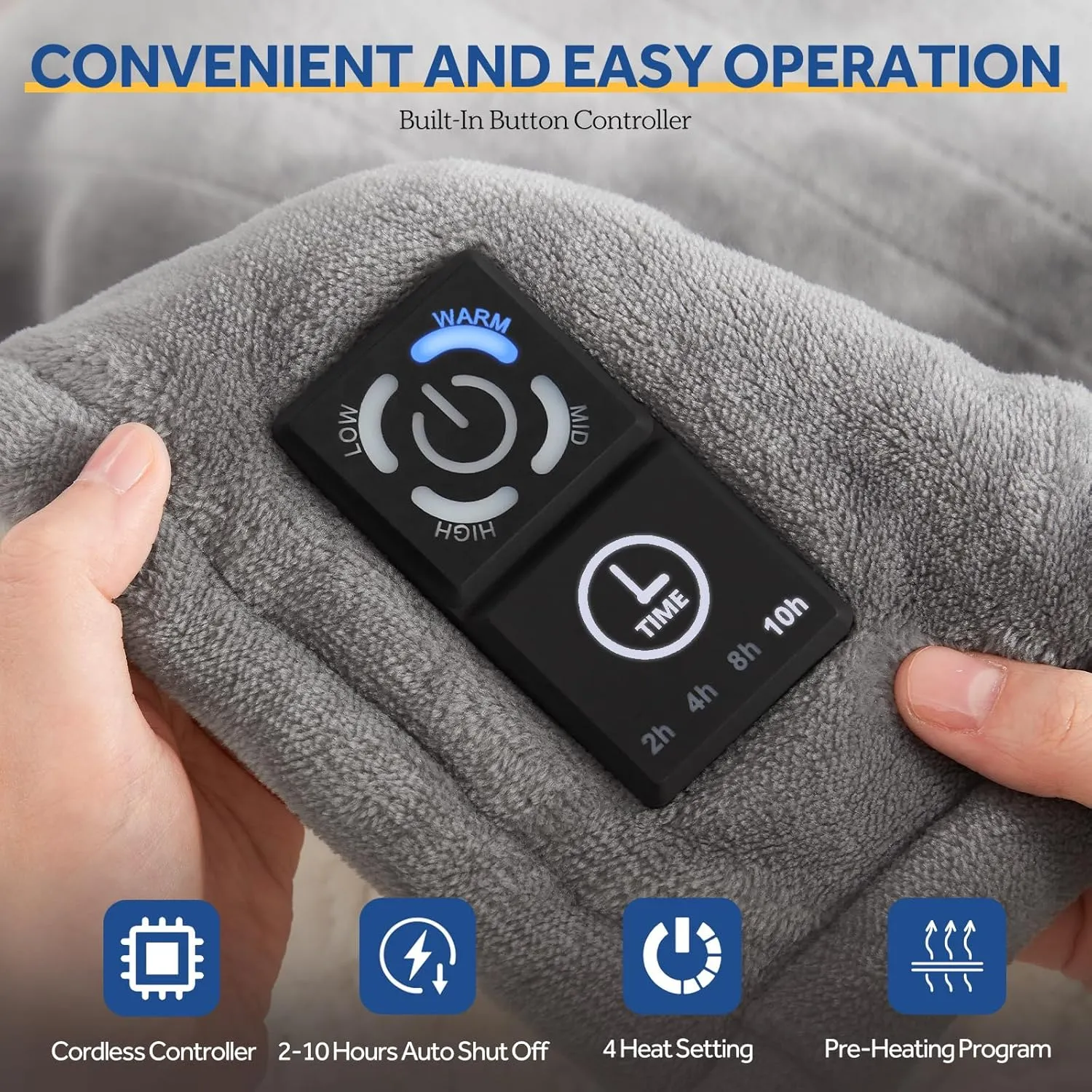 Sealy Heated Blanket Throw with Built-in Button Controller, Reversible Flannel to Sherpa Electric Blanket with 2-10 Hours Auto-Off & 4 Heating Levels, Over-Heat Protection, 50x60 inch, Light Grey
