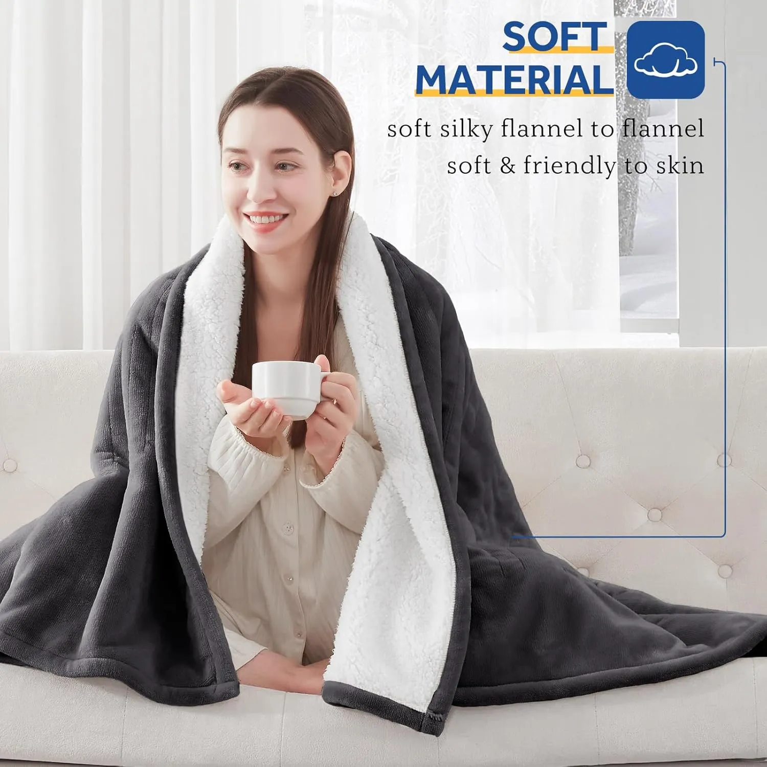 Sealy Heated Electric Blanket Full Size, Flannel & Sherpa Heating Blanket with with 10 Heating Levels & 1-12 Hours Auto Shut Off, Fast Heating Blanket, Machine Washable, Grey, 80 x 84 Inch