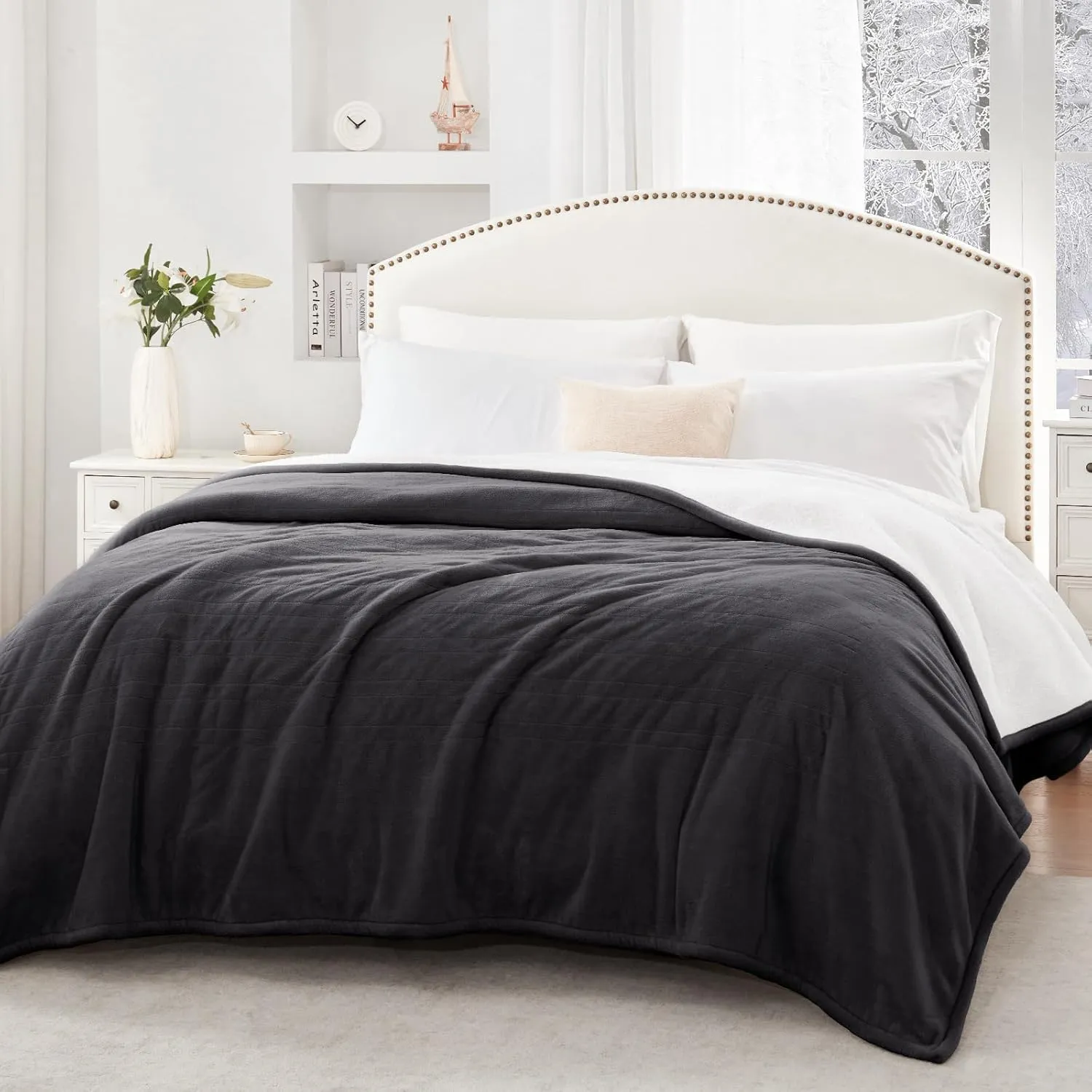 Sealy Heated Electric Blanket Full Size, Flannel & Sherpa Heating Blanket with with 10 Heating Levels & 1-12 Hours Auto Shut Off, Fast Heating Blanket, Machine Washable, Grey, 80 x 84 Inch