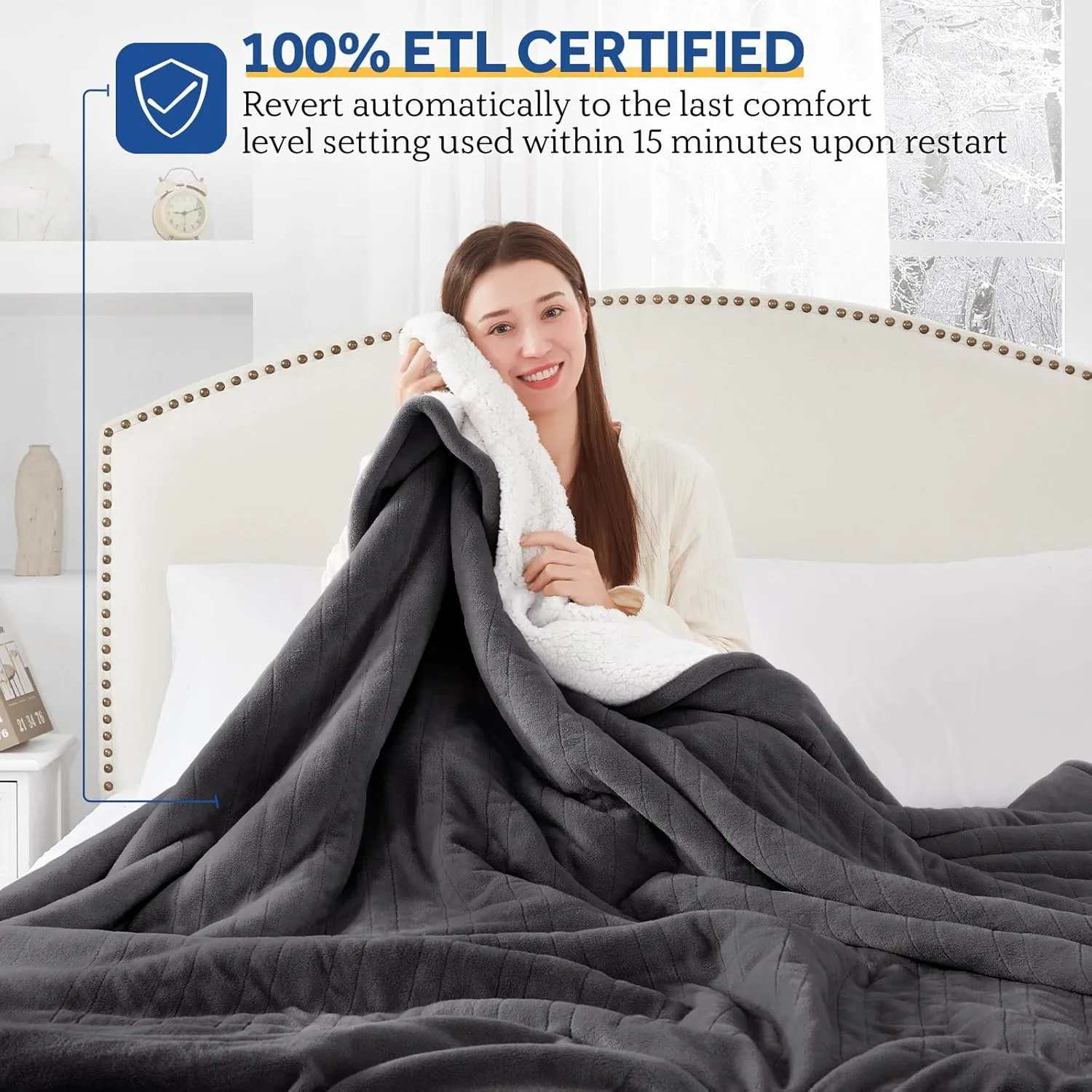 Sealy Heated Electric Blanket Full Size, Flannel & Sherpa Heating Blanket with with 10 Heating Levels & 1-12 Hours Auto Shut Off, Fast Heating Blanket, Machine Washable, Grey, 80 x 84 Inch