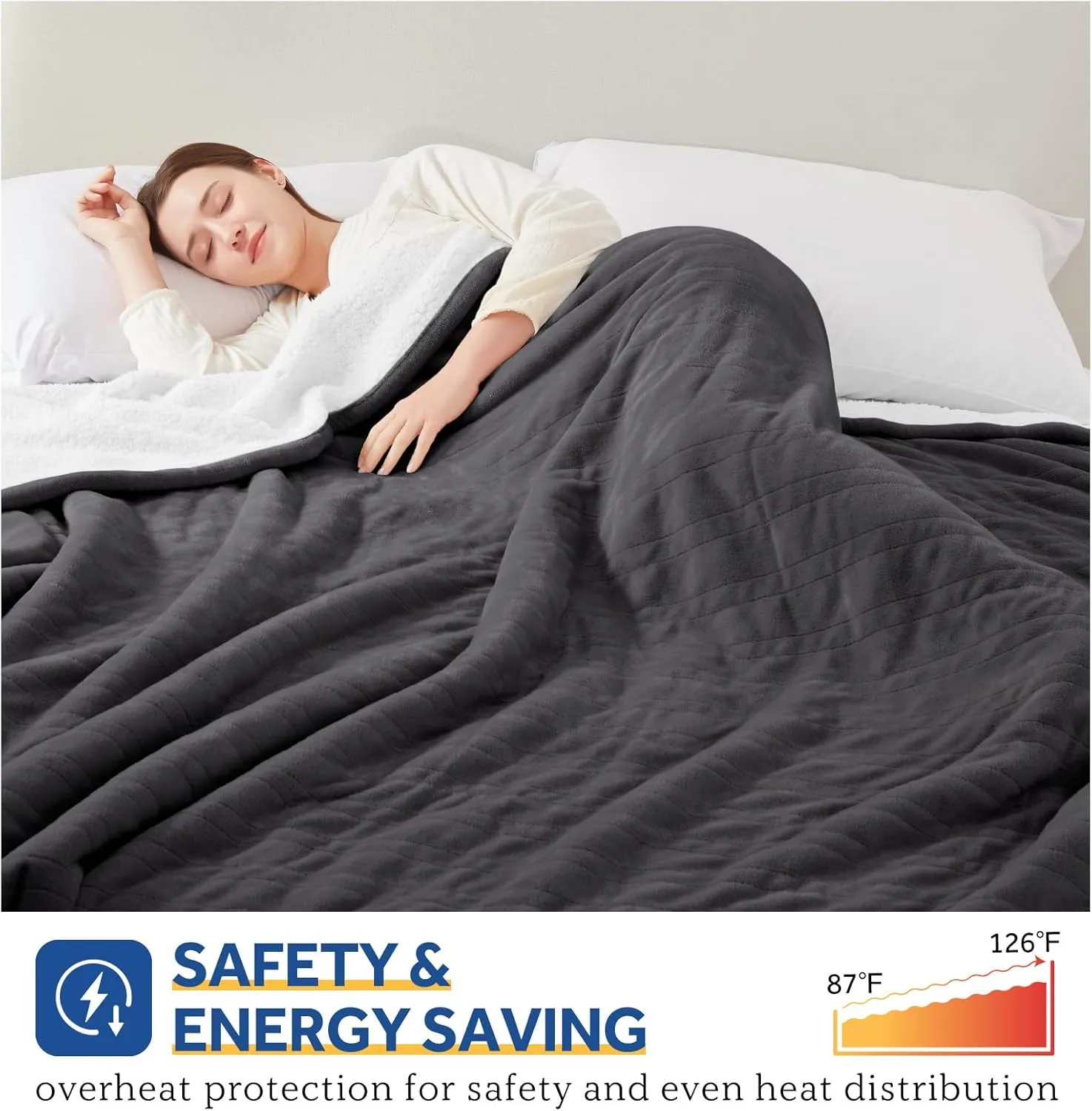 Sealy Heated Electric Blanket Full Size, Flannel & Sherpa Heating Blanket with with 10 Heating Levels & 1-12 Hours Auto Shut Off, Fast Heating Blanket, Machine Washable, Grey, 80 x 84 Inch