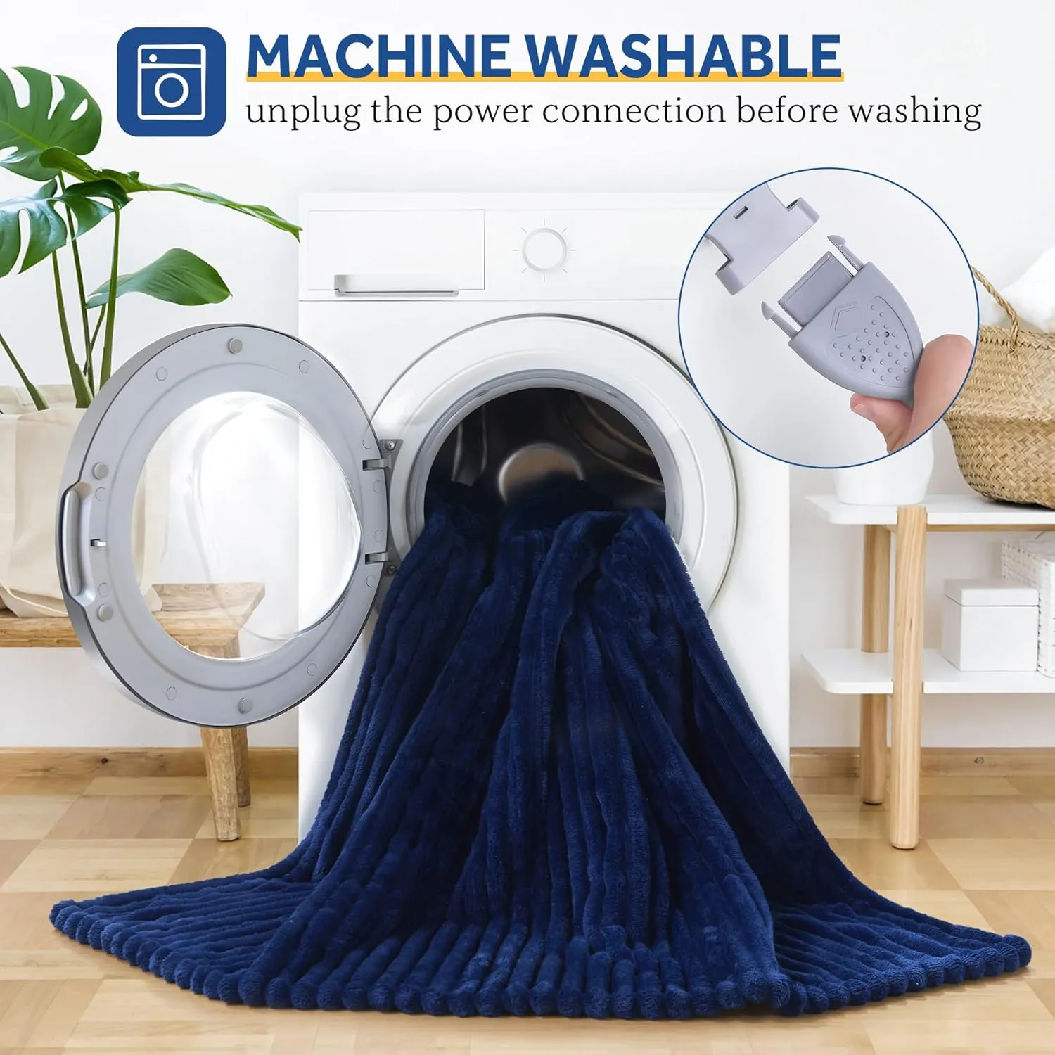 Sealy Heated Throw Blanket, 50"x60", 6 Heat Levels, 2-10 Hour Auto-Off, Ribbed Flannel to Sherpa, Machine Washable, Navy Blue