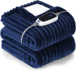 Sealy Heated Throw Blanket, 50"x60", 6 Heat Levels, 2-10 Hour Auto-Off, Ribbed Flannel to Sherpa, Machine Washable, Navy Blue