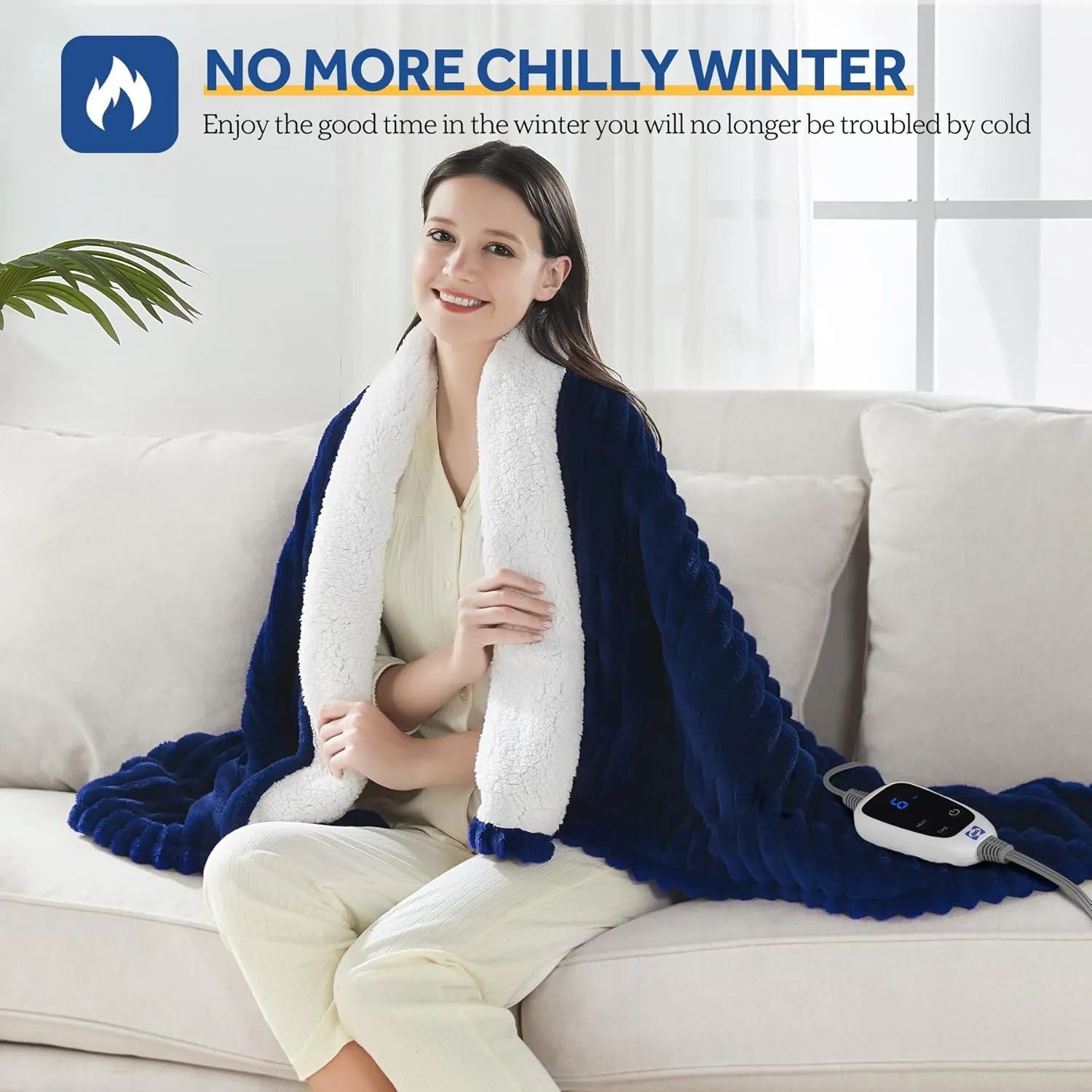 Sealy Heated Throw Blanket, 50"x60", 6 Heat Levels, 2-10 Hour Auto-Off, Ribbed Flannel to Sherpa, Machine Washable, Navy Blue