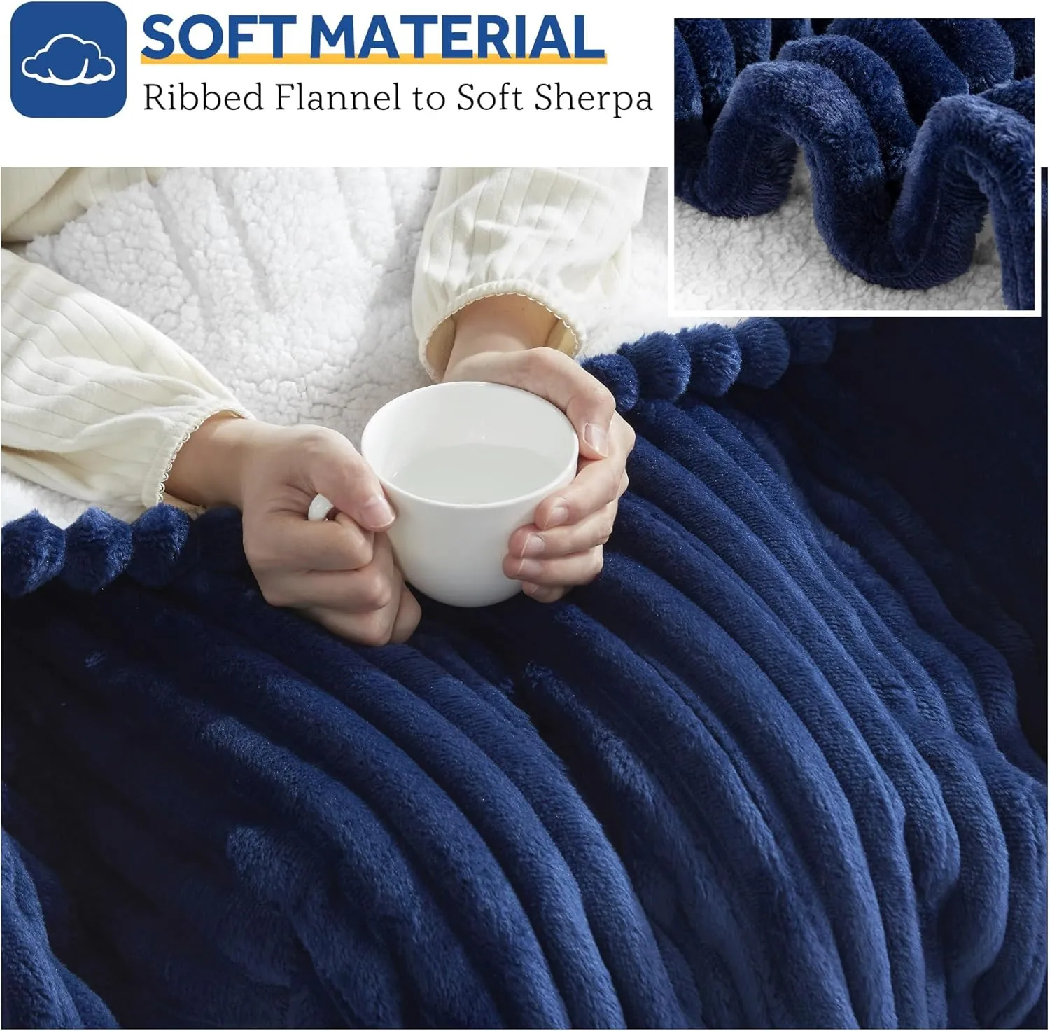 Sealy Heated Throw Blanket, 50"x60", 6 Heat Levels, 2-10 Hour Auto-Off, Ribbed Flannel to Sherpa, Machine Washable, Navy Blue