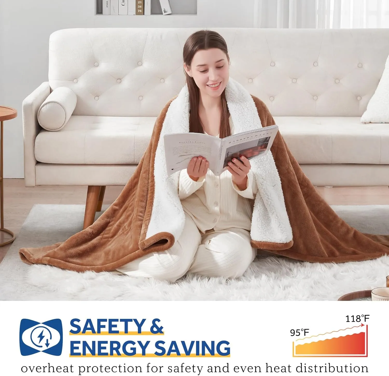 Sealy Heated Throw Blanket, Flannel & Sherpa Electric Throw with 6 Heat Setting & 2-10 Hours Auto Shut Off, Fast Heating & Machine Washable, 50x60 Inch, Brown