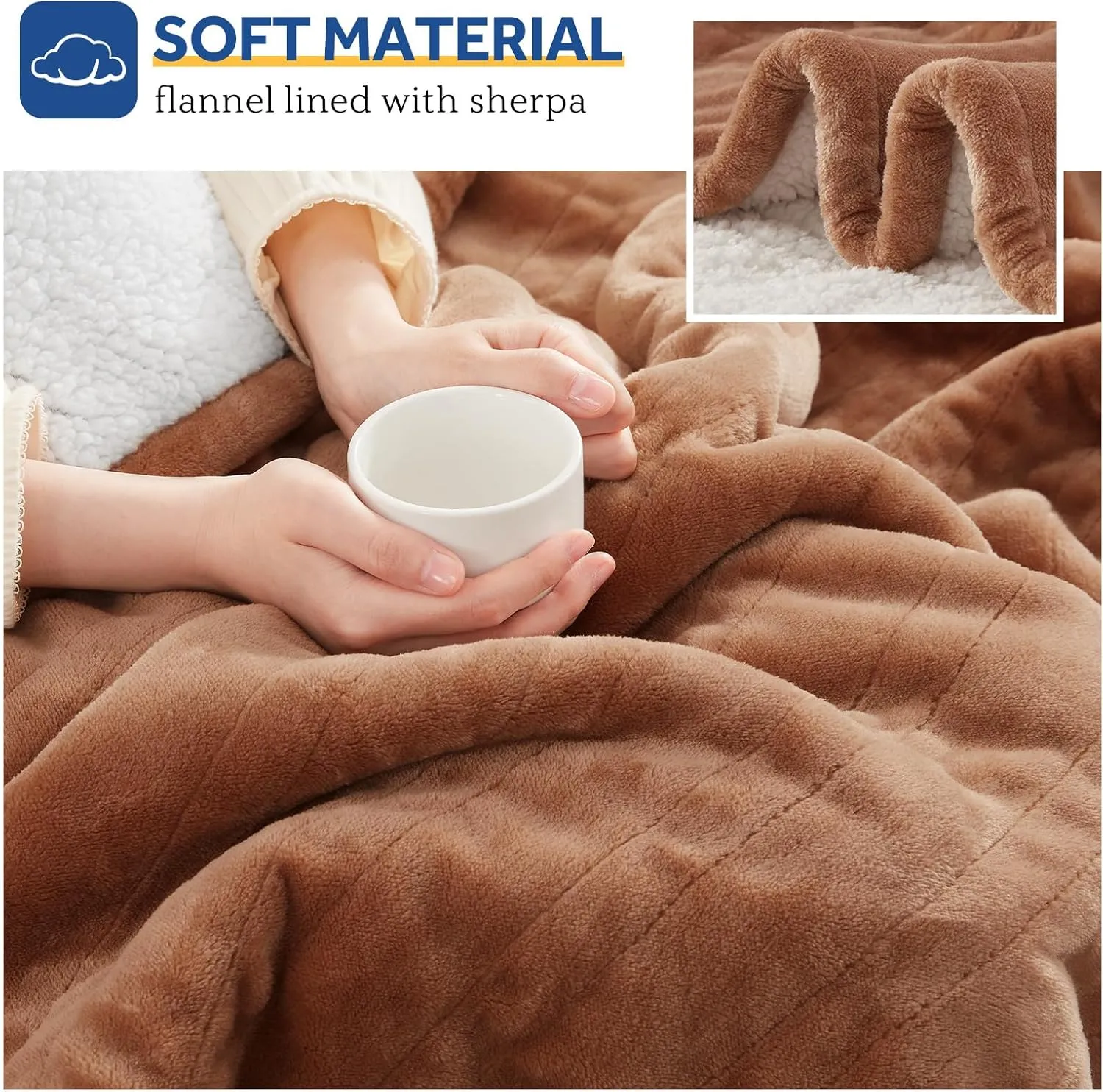 Sealy Heated Throw Blanket, Flannel & Sherpa Electric Throw with 6 Heat Setting & 2-10 Hours Auto Shut Off, Fast Heating & Machine Washable, 50x60 Inch, Brown