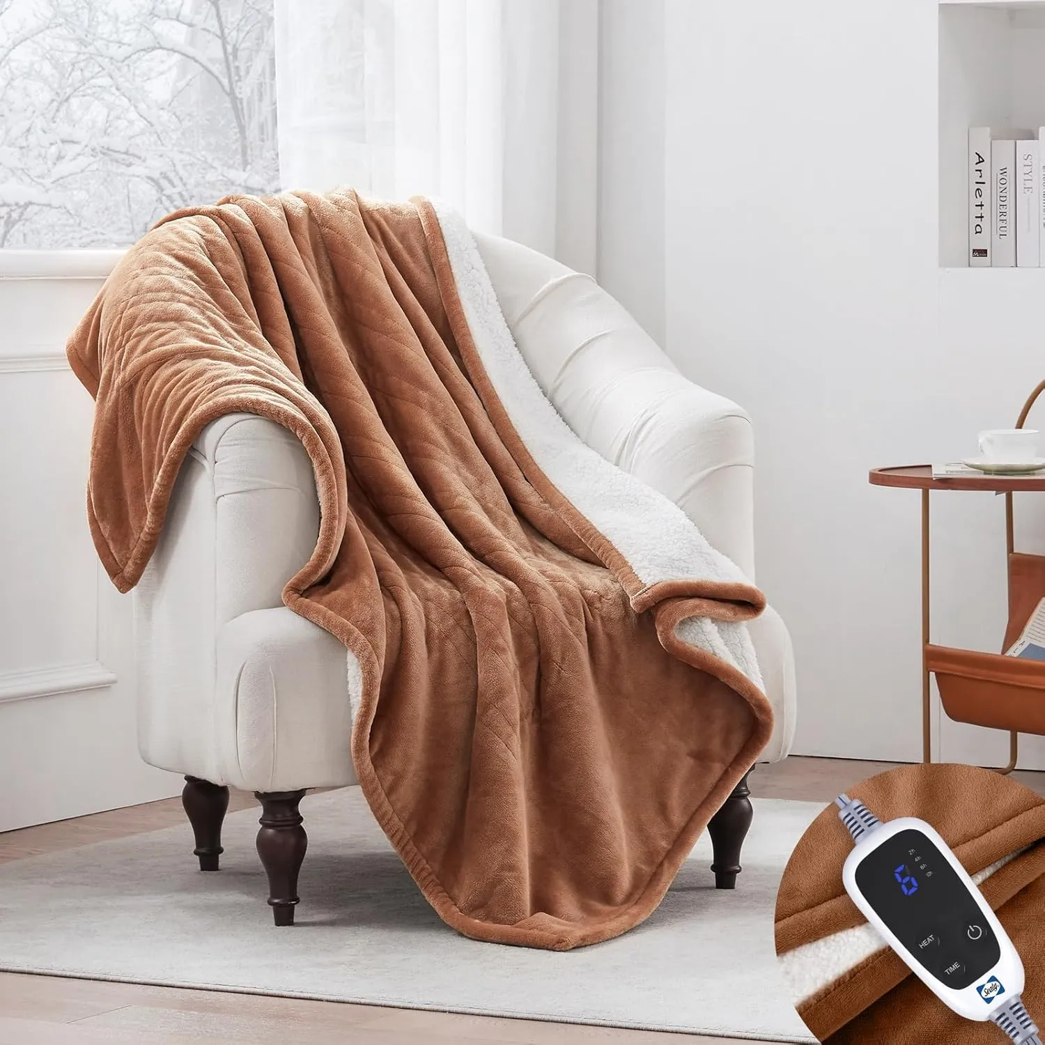 Sealy Heated Throw Blanket, Flannel & Sherpa Electric Throw with 6 Heat Setting & 2-10 Hours Auto Shut Off, Fast Heating & Machine Washable, 50x60 Inch, Brown
