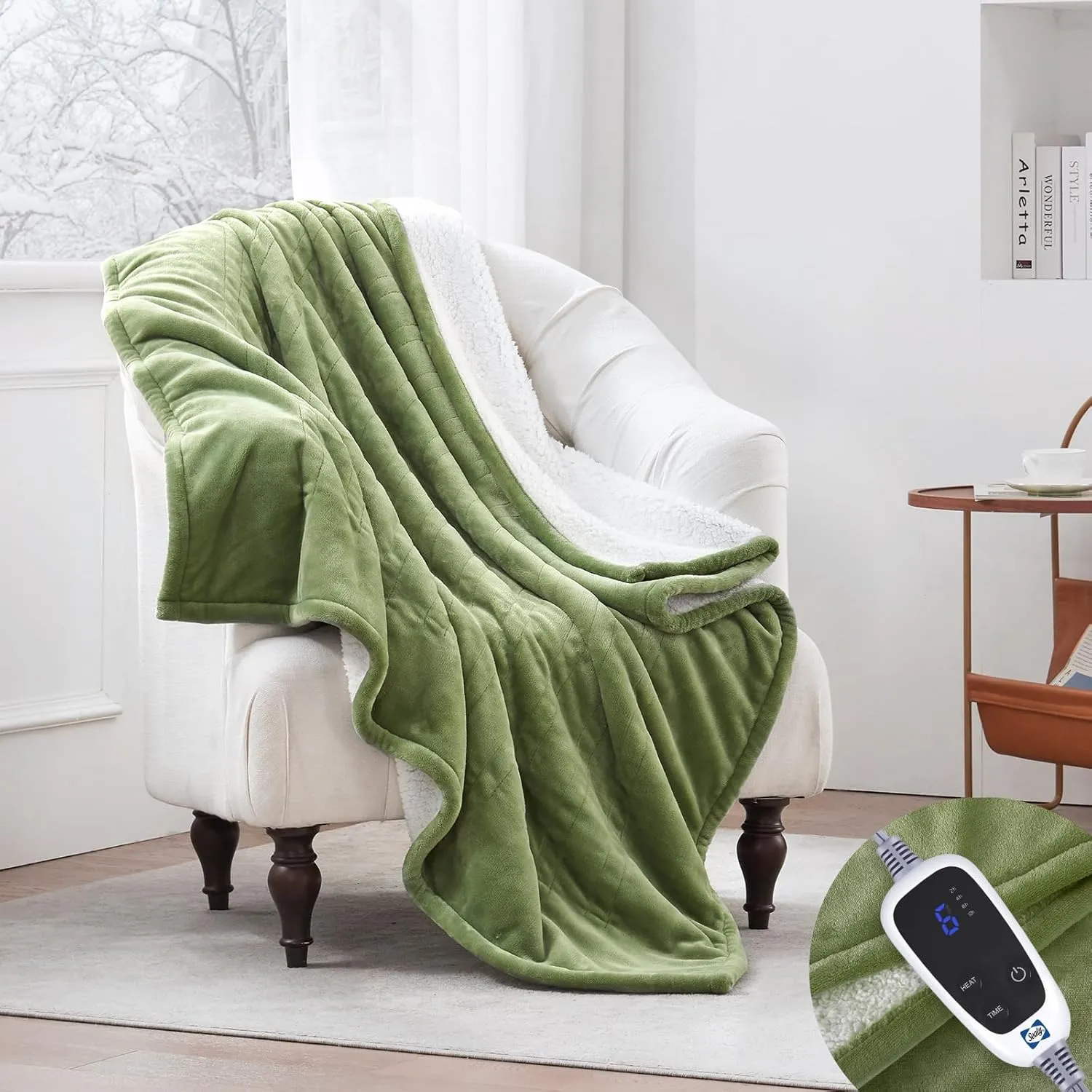 Sealy Heated Throw Blanket, Flannel & Sherpa Electric Throw with 6 Heat Setting & 2-10 Hours Auto Shut Off, Fast Heating & Machine Washable, 50x60 Inch, Green