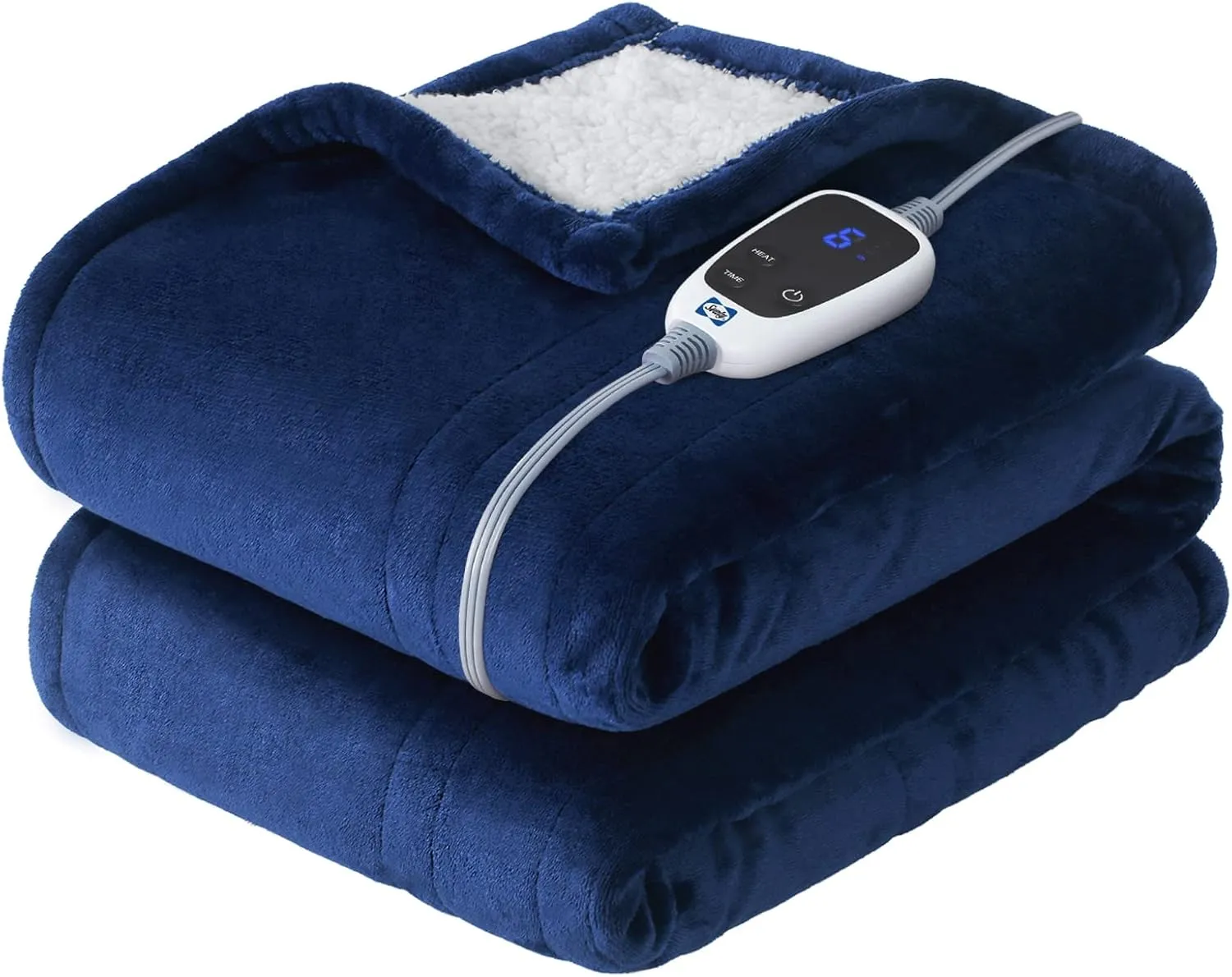 Sealy Heated Throw Blanket, Flannel & Sherpa Electric Throw with 6 Heat Setting & 2-10 Hours Auto Shut Off, Machine Washable, 50x60 Inch, Navy