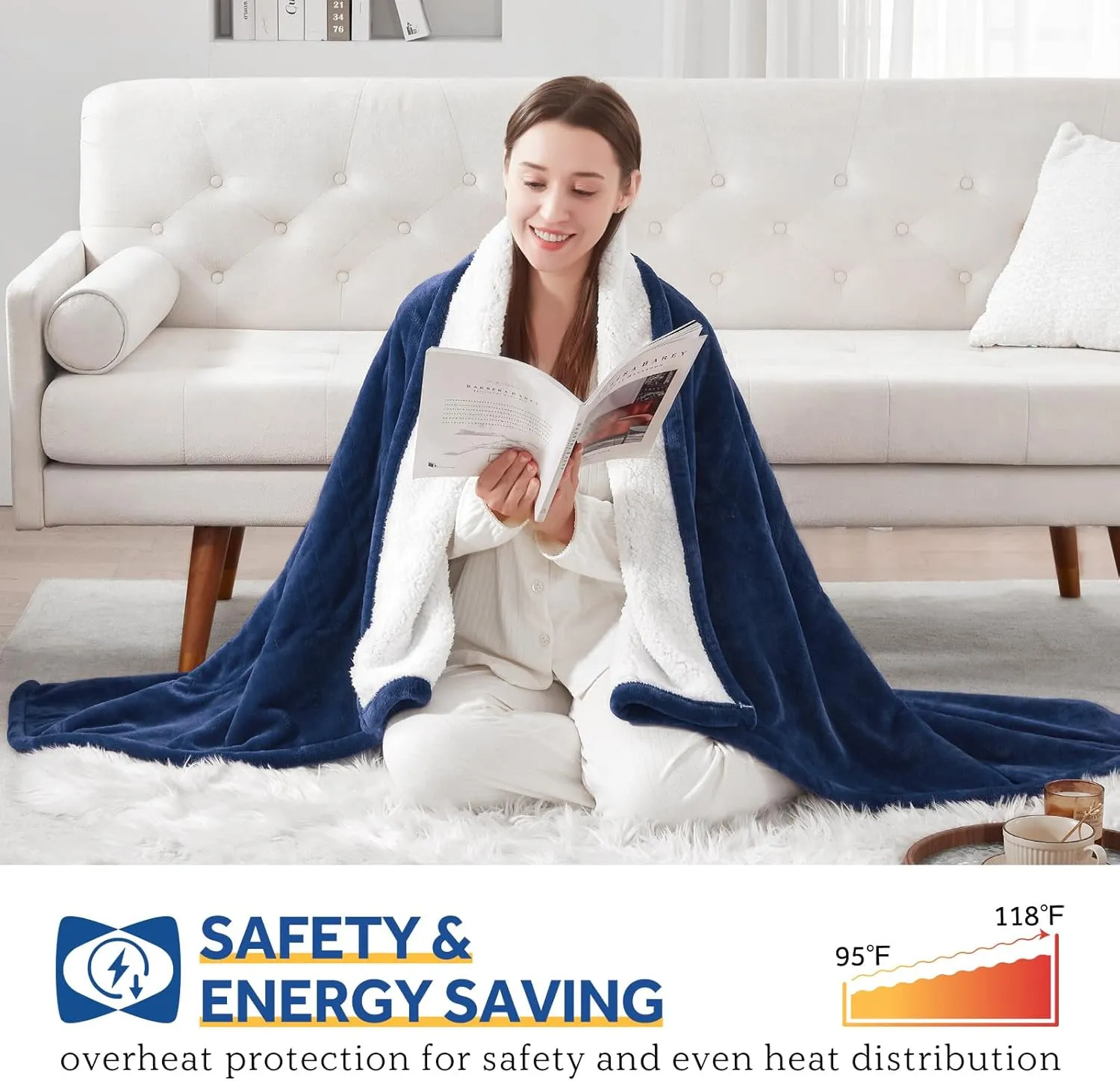 Sealy Heated Throw Blanket, Flannel & Sherpa Electric Throw with 6 Heat Setting & 2-10 Hours Auto Shut Off, Machine Washable, 50x60 Inch, Navy