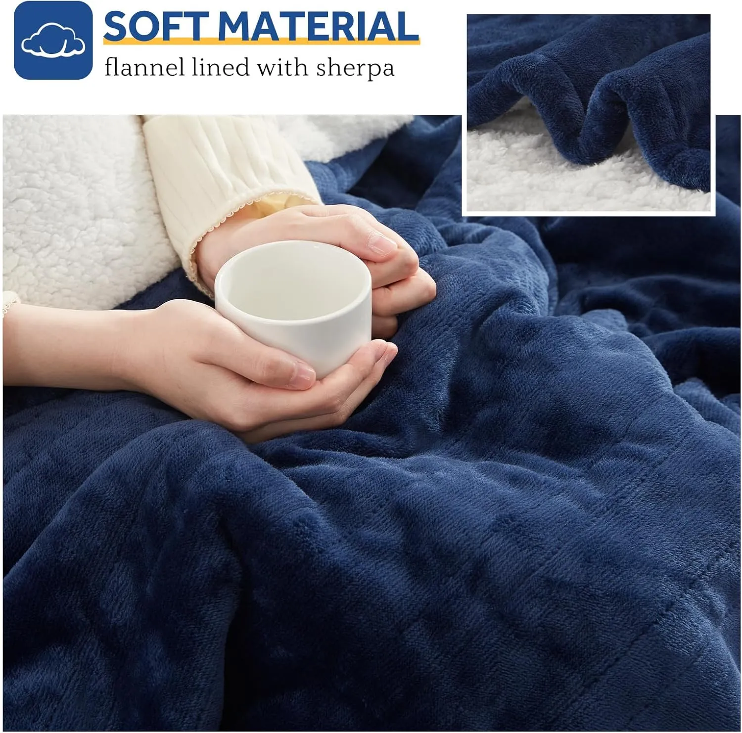 Sealy Heated Throw Blanket, Flannel & Sherpa Electric Throw with 6 Heat Setting & 2-10 Hours Auto Shut Off, Machine Washable, 50x60 Inch, Navy