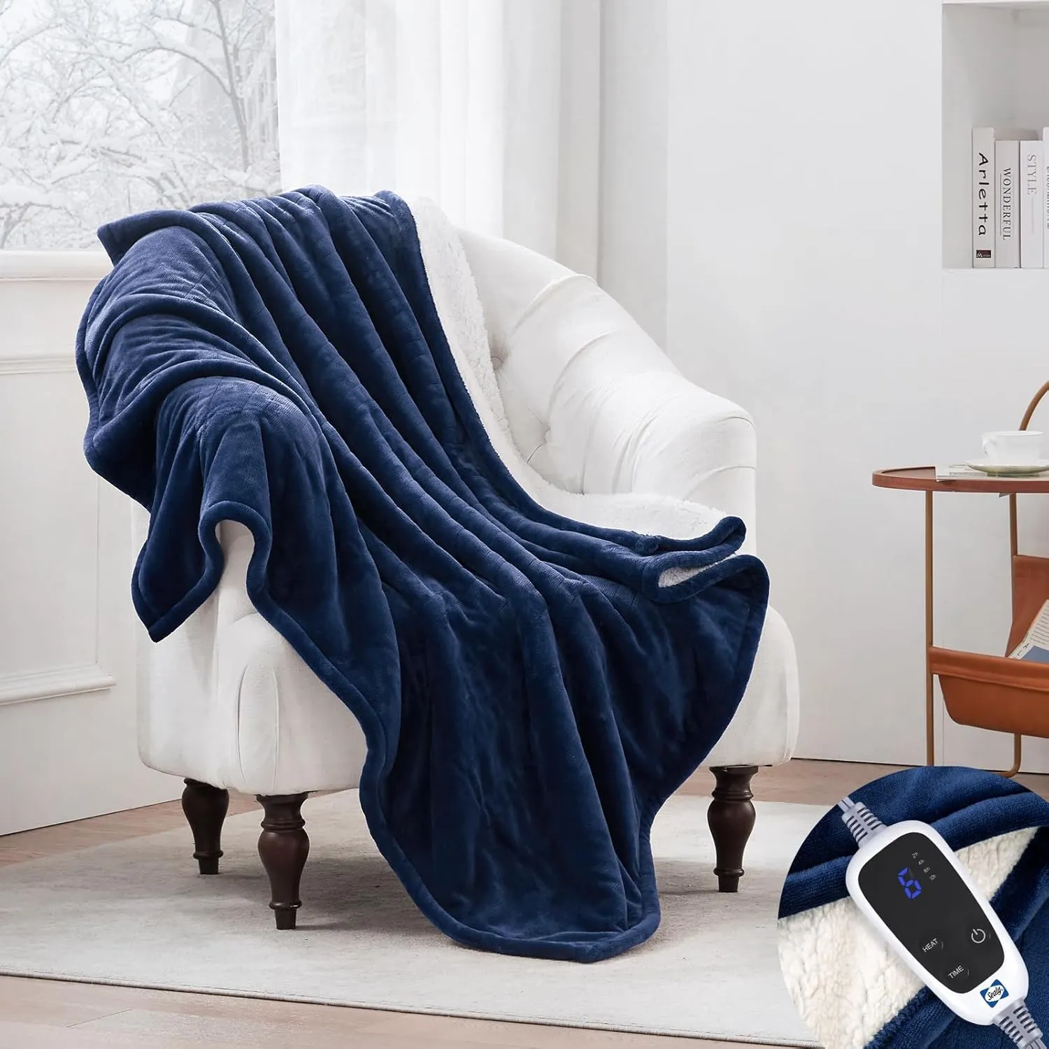 Sealy Heated Throw Blanket, Flannel & Sherpa Electric Throw with 6 Heat Setting & 2-10 Hours Auto Shut Off, Machine Washable, 50x60 Inch, Navy