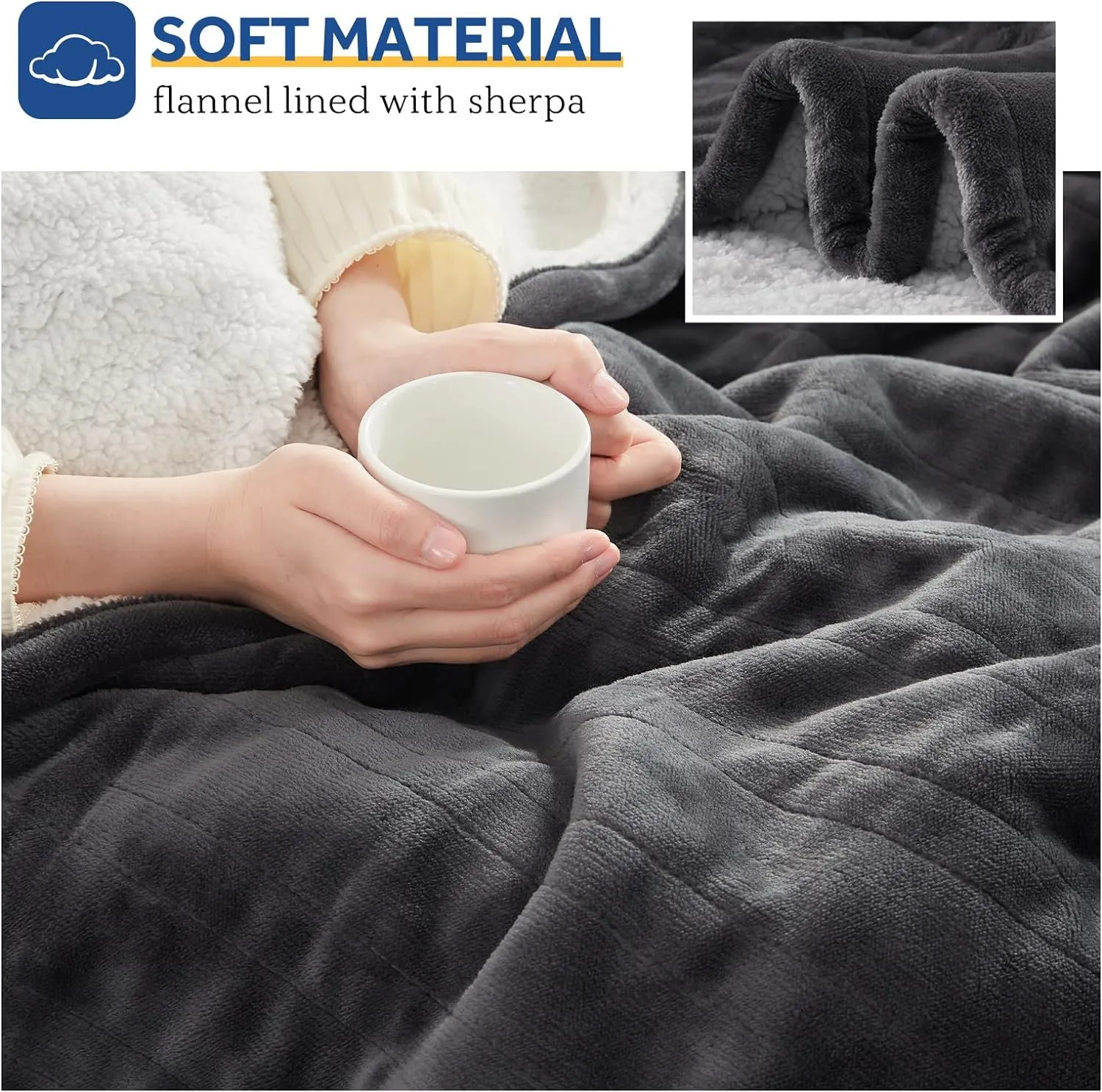 Sealy Heated Throw Blanket, Flannel & Sherpa Reversible Electric Throw with 6 Heating Levels & 2-10 Hours Auto Shut Off, Machine Washable, 50x60 Inch, Dark Grey