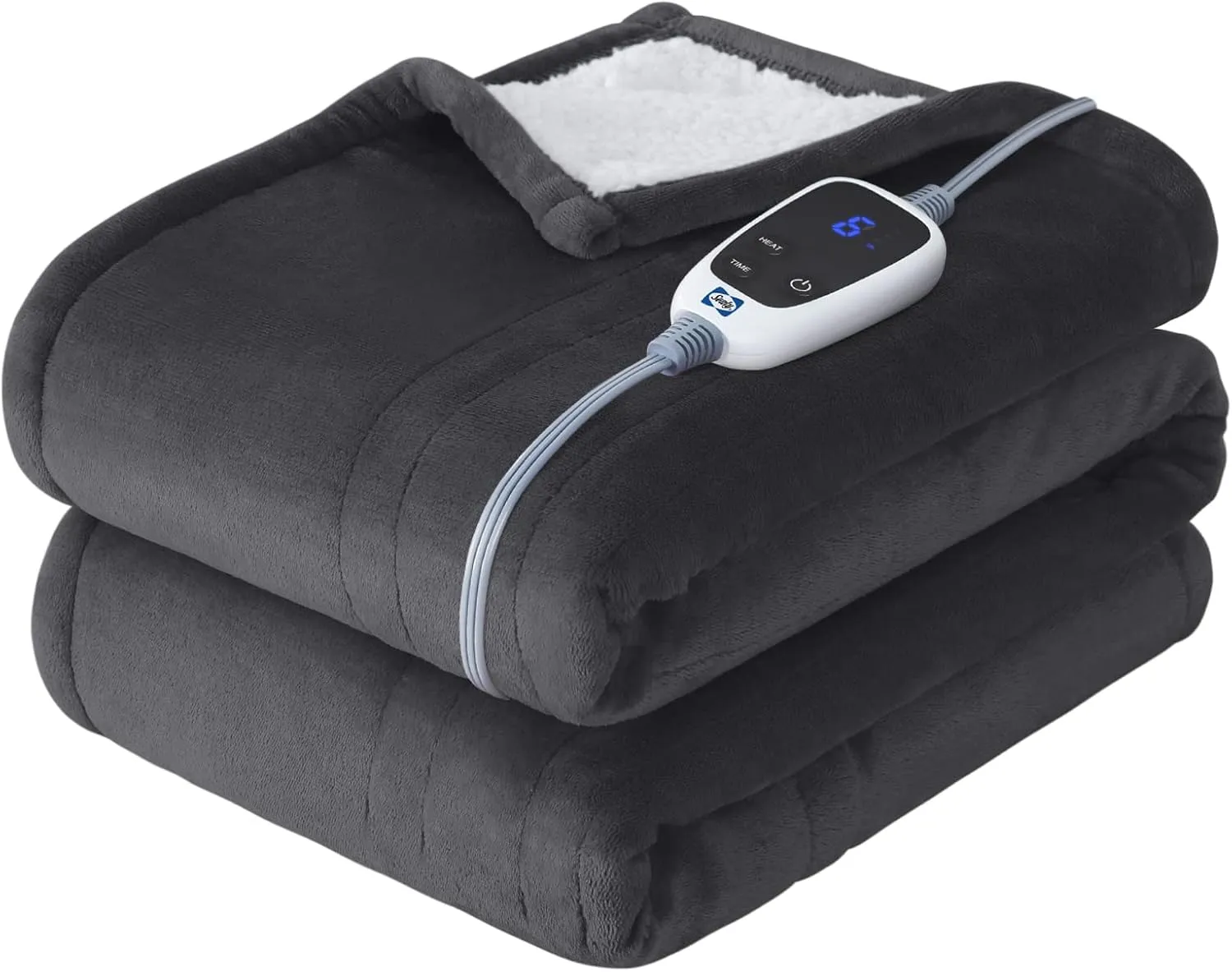 Sealy Heated Throw Blanket, Flannel & Sherpa Reversible Electric Throw with 6 Heating Levels & 2-10 Hours Auto Shut Off, Machine Washable, 50x60 Inch, Dark Grey